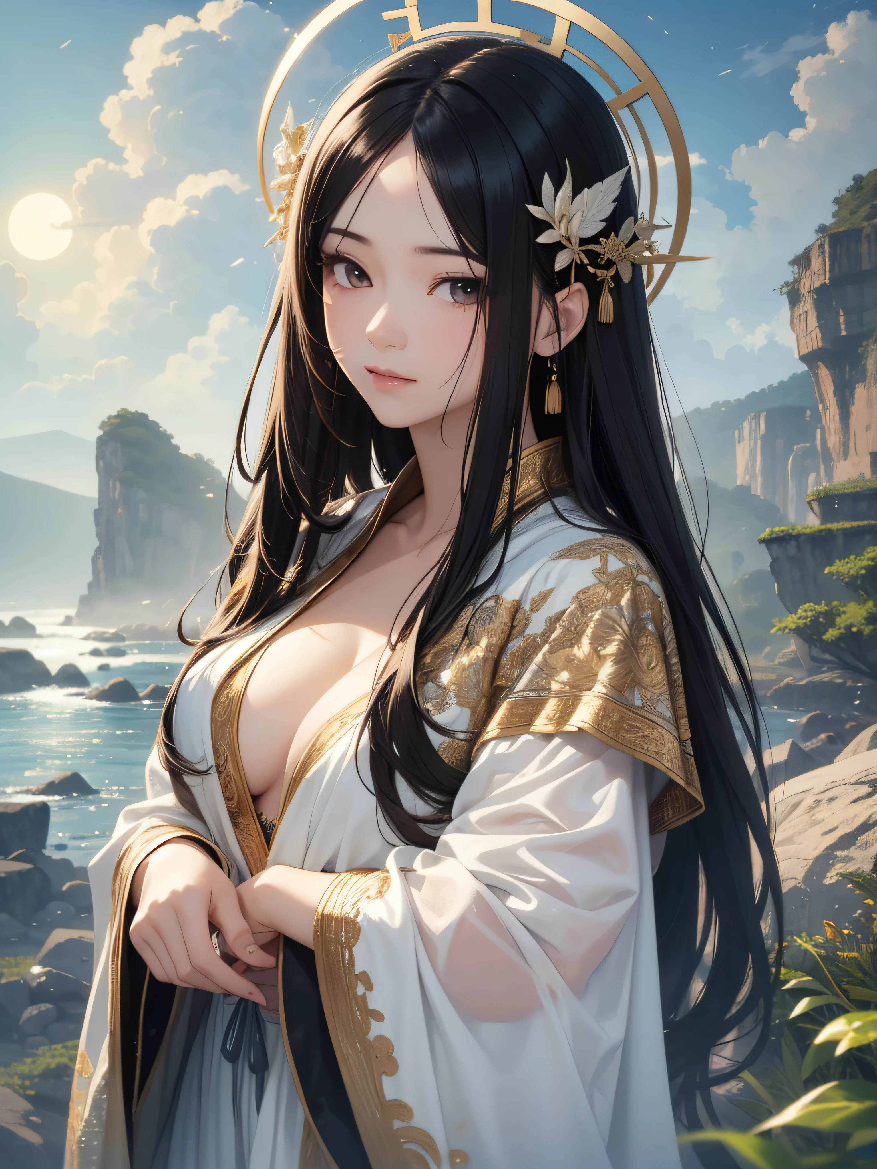 masterpiece, real, beautiful payback heavenly maiden with Chinese style black hair ultra long hair wearing a thin beautiful feather robe that descended from heaven on the beach, looking down at the viewer with dim eyes, Chinese style hair ornament, in the fog in the moonlight, divinity in the halo, in the evening mist, 18 years old, dull eyes, photorealistic, ideal hair luster, whole body, calm waterside with waterfall nearby