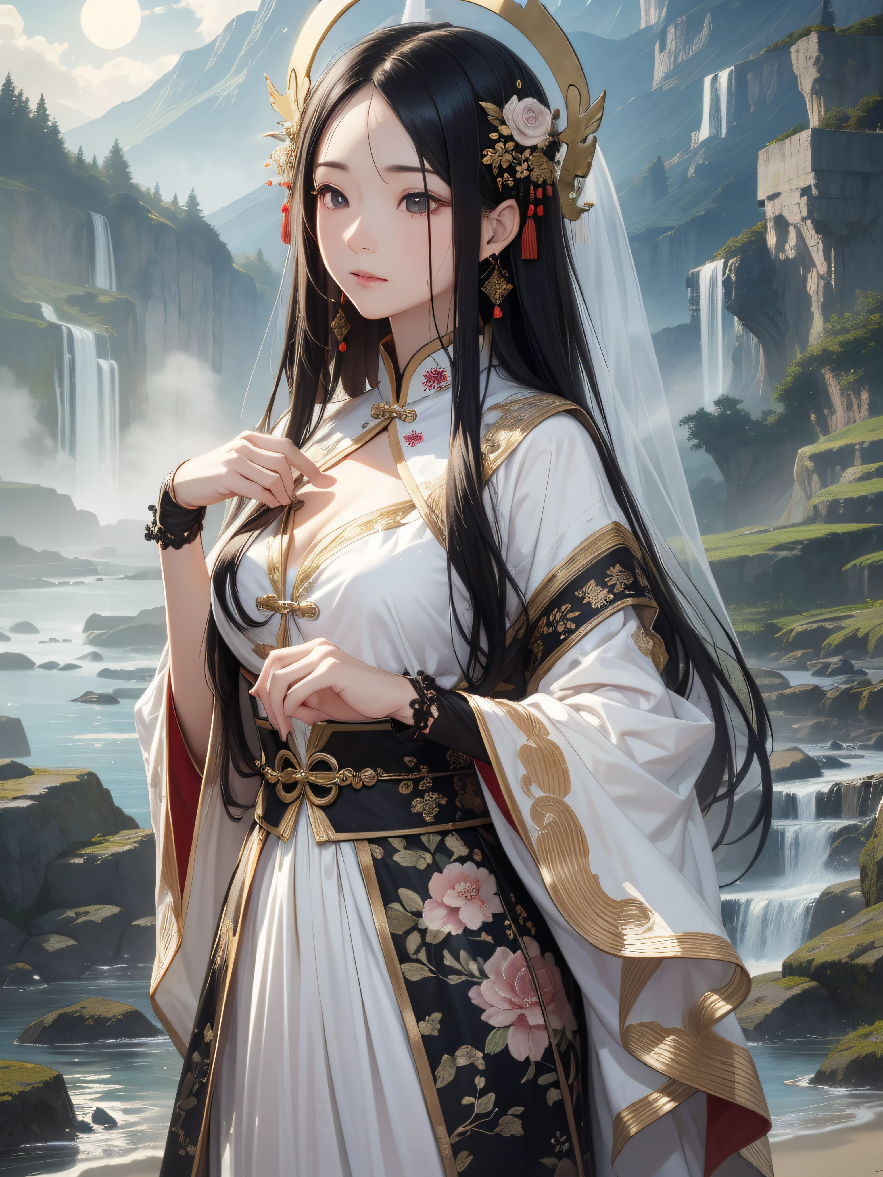 masterpiece, real, beautiful payback heavenly maiden with Chinese style black hair ultra long hair wearing a thin beautiful feather robe that descended from heaven on the beach, looking down at the viewer with dim eyes, Chinese style hair ornament, in the fog in the moonlight, divinity in the halo, in the evening mist, 18 years old, dull eyes, photorealistic, ideal hair luster, whole body, calm waterside with waterfall nearby