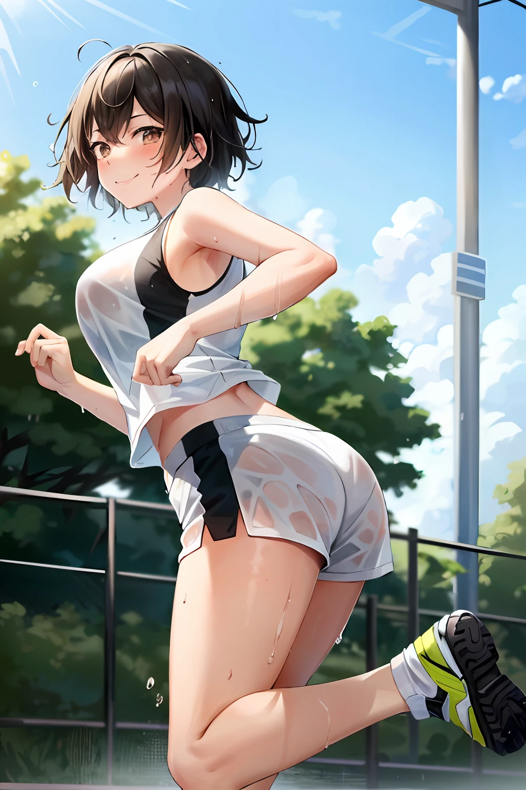 masterpiece, sweat, soaked, black hair, short hair, brown eyes, best quality, hi-res, solo, short hair,look at the viewer, wicked smile, ass facing you, running action and elegance, white gymnastics shorts, white hot pants, wet pants, white running shirt, wet shirt, red line, sleeveless, big, park, outdoor