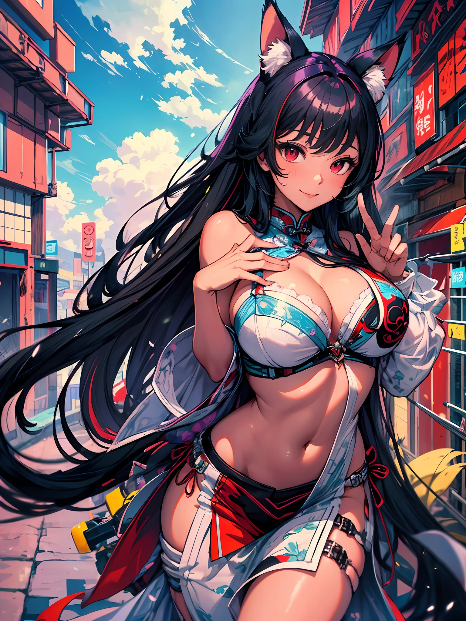 (((masterpiece))), ((best quality)), hyper quality, refined rendering, extremely detailed CG unity 8k wallpaper, highly detailed, (super fine illustration), highres, (ultra-detailed), detailed face, perfect face, pixiv, (extremely delicate and beautiful), stunning art, best aesthetic, pixai, twitter artist, high resolution, fine fabric emphasis, UHD, 1girl, solo, full body, beautiful breasts, 1 cute girl with cat ear and cat tail, female, young, 20 years old, very long hair, dark hair, shiny hair, detailed beautiful face, smile, beautiful detailed eyes, cat_ears, (huge_breasts), red eyes, dark_skin, green Qipao, J-cup brests, kawaii, blue sky, strike pose,(perfect hands)