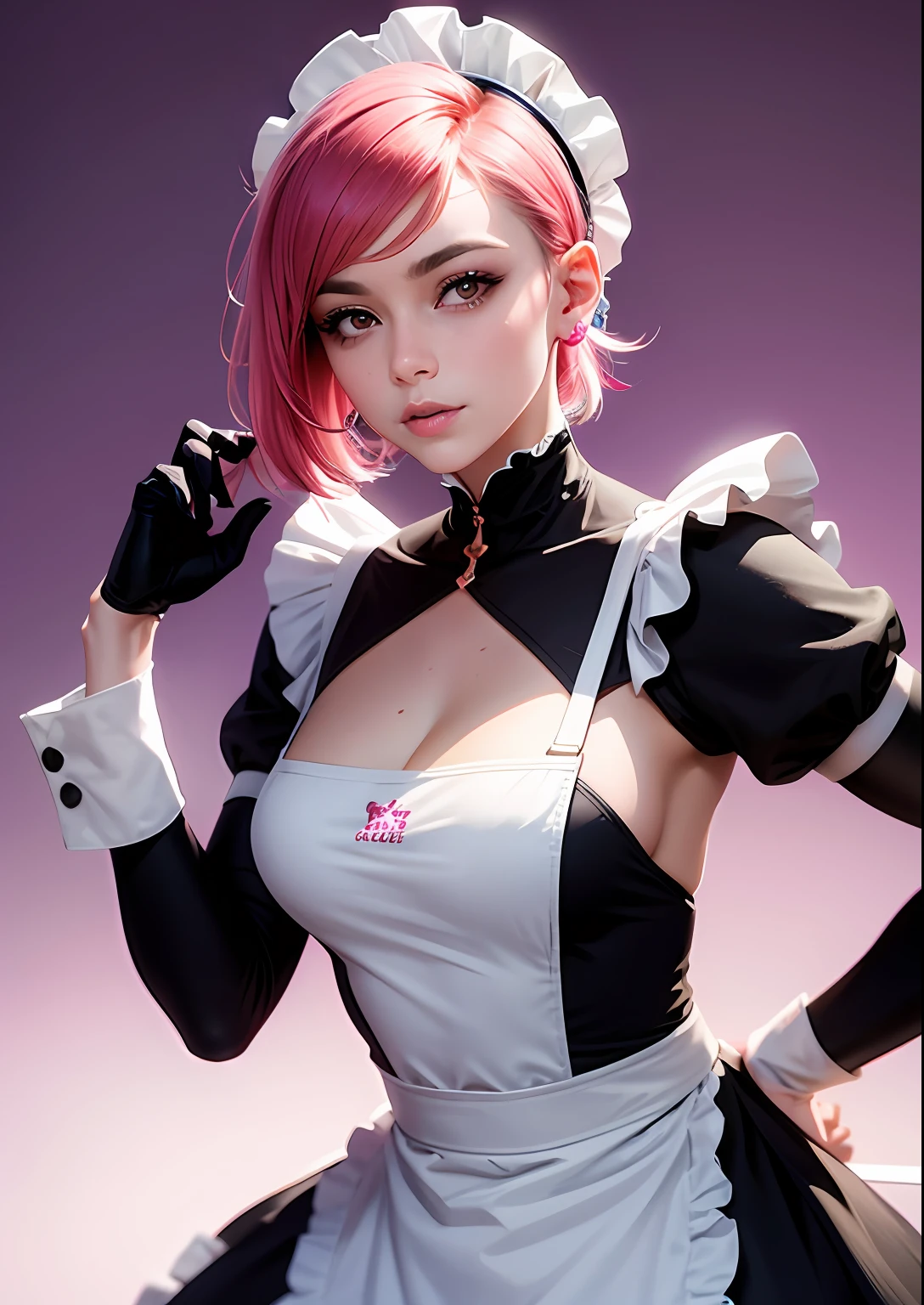 a closeup portrait of a playful maid, undercut hair, apron, amazing body, pronounced feminine feature, busty, kitchen, pink hair,  flirting, Cyber Maid Costume, Violet Background