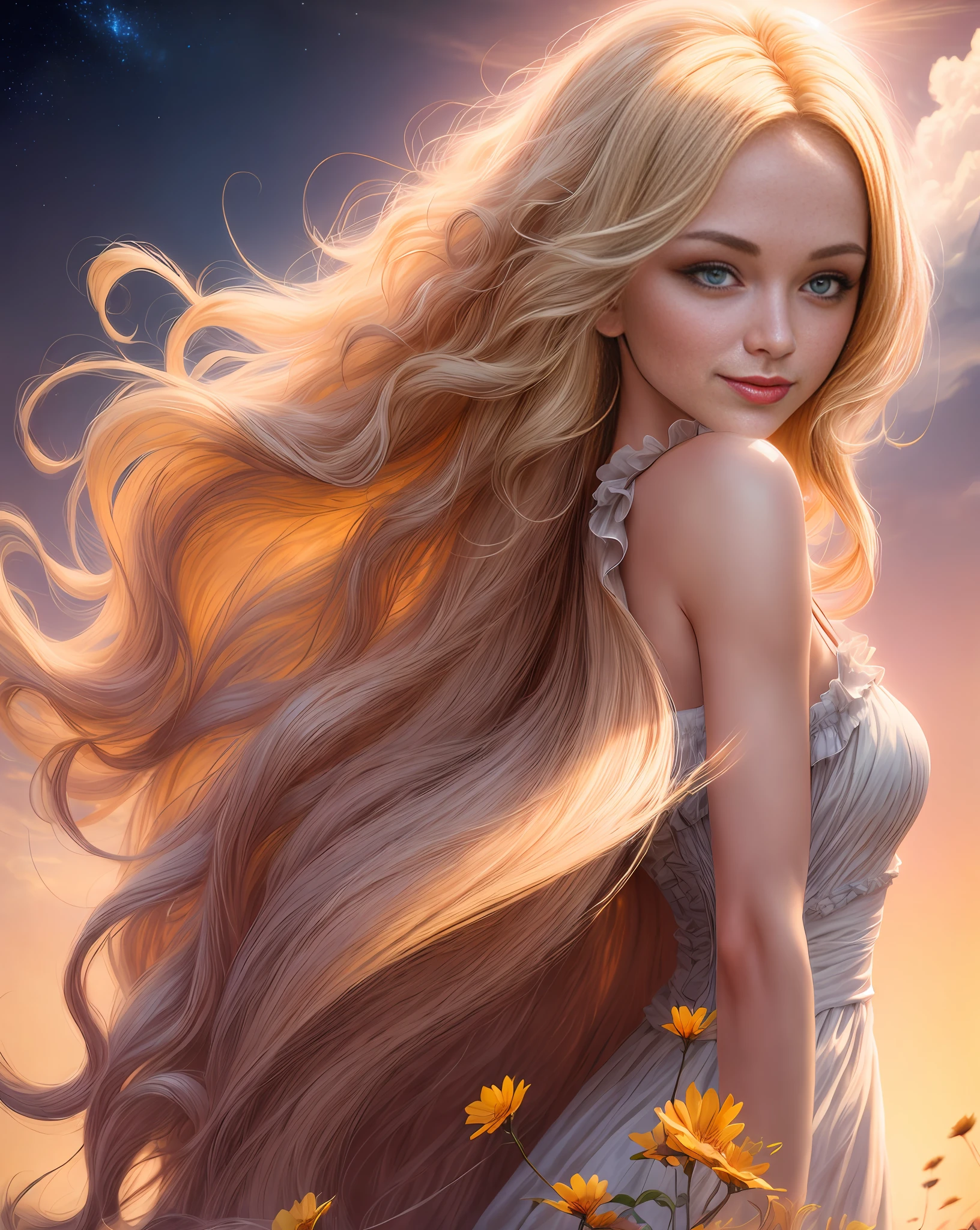 (best quality, masterpiece), young woman, pose, happy, particle, wind, red flower, upper body, simple background, looking at viewer, long curly windblown blonde hair, galaxy,backlit,rimlight,beautiful artwork,perfect composition