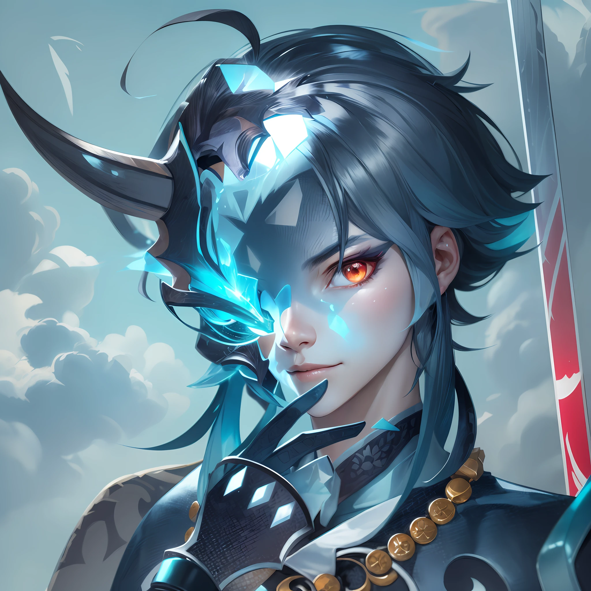 A closeup of a person with a sword and a demon head,Genshin Impact character, cute guy in Demon Slayer art,detailed key anime art, portrait, Genshin, cute Japanese Demon Boy, Demon Slayer Rui fanart,anime key art