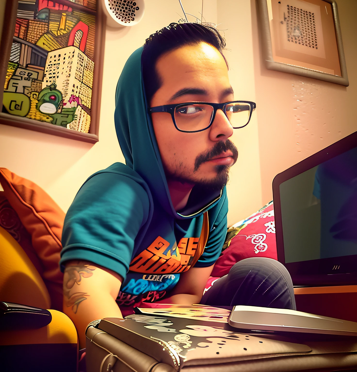 there is a man sitting on a couch with a laptop, cartoon digital painting, cartoon digital art, digital art cartoon, cartoon artstyle, digital cartoon painting art, comic digital art, digital art. @mariomaniacdude, cyril rolando and goro fujita, realistic self portrait, realistic artstyle, photorealistic artstyle, 2 d illustration