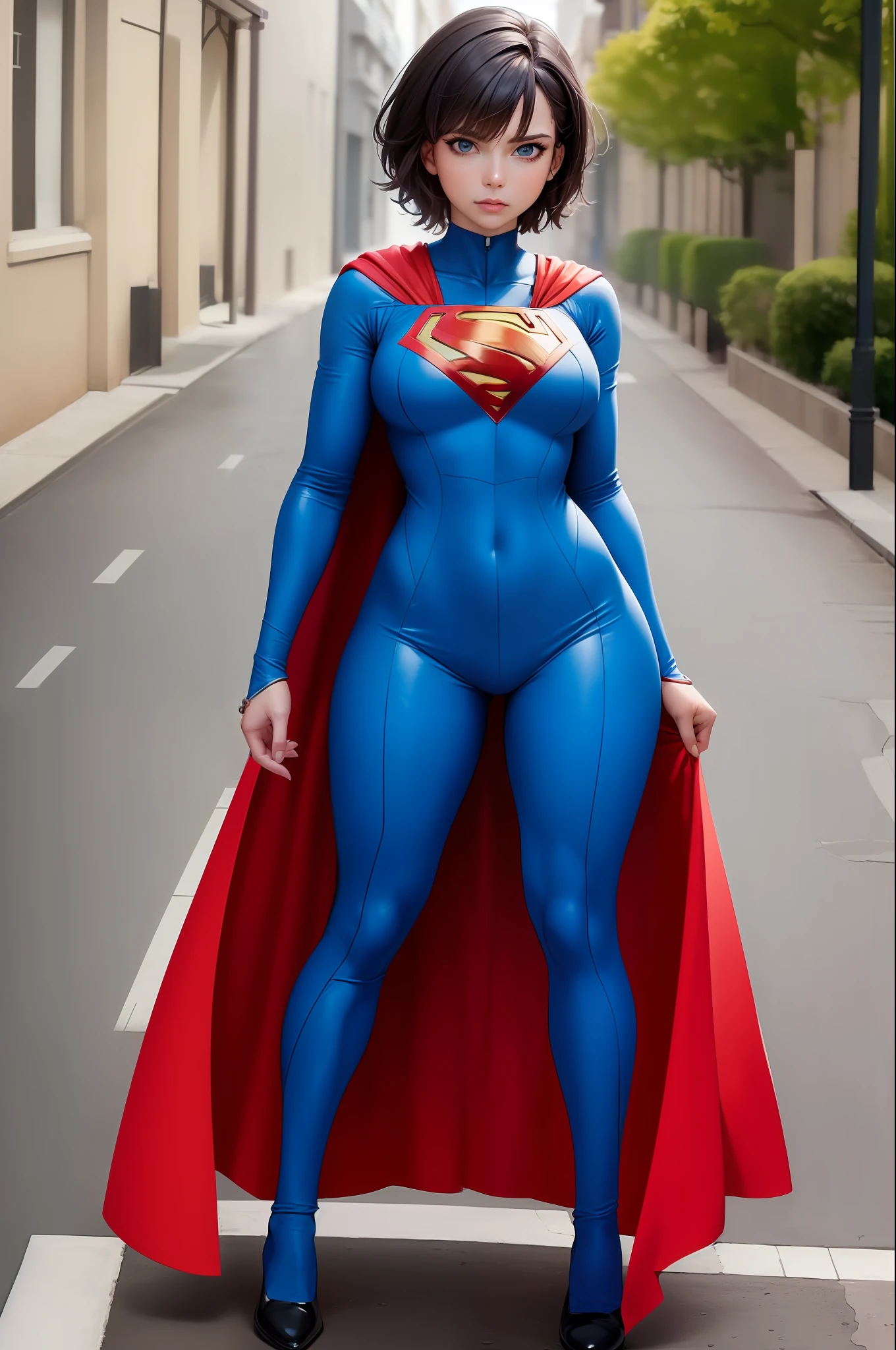 (masterpiece:1.4), (best quality), (detailed), (8k), (1girl, solo, sideways), (sidewalk), Clara Kent, superhero, bodysuit, short hair, red cape, blue eyes, wide hips, bending, bright dark blue costume.