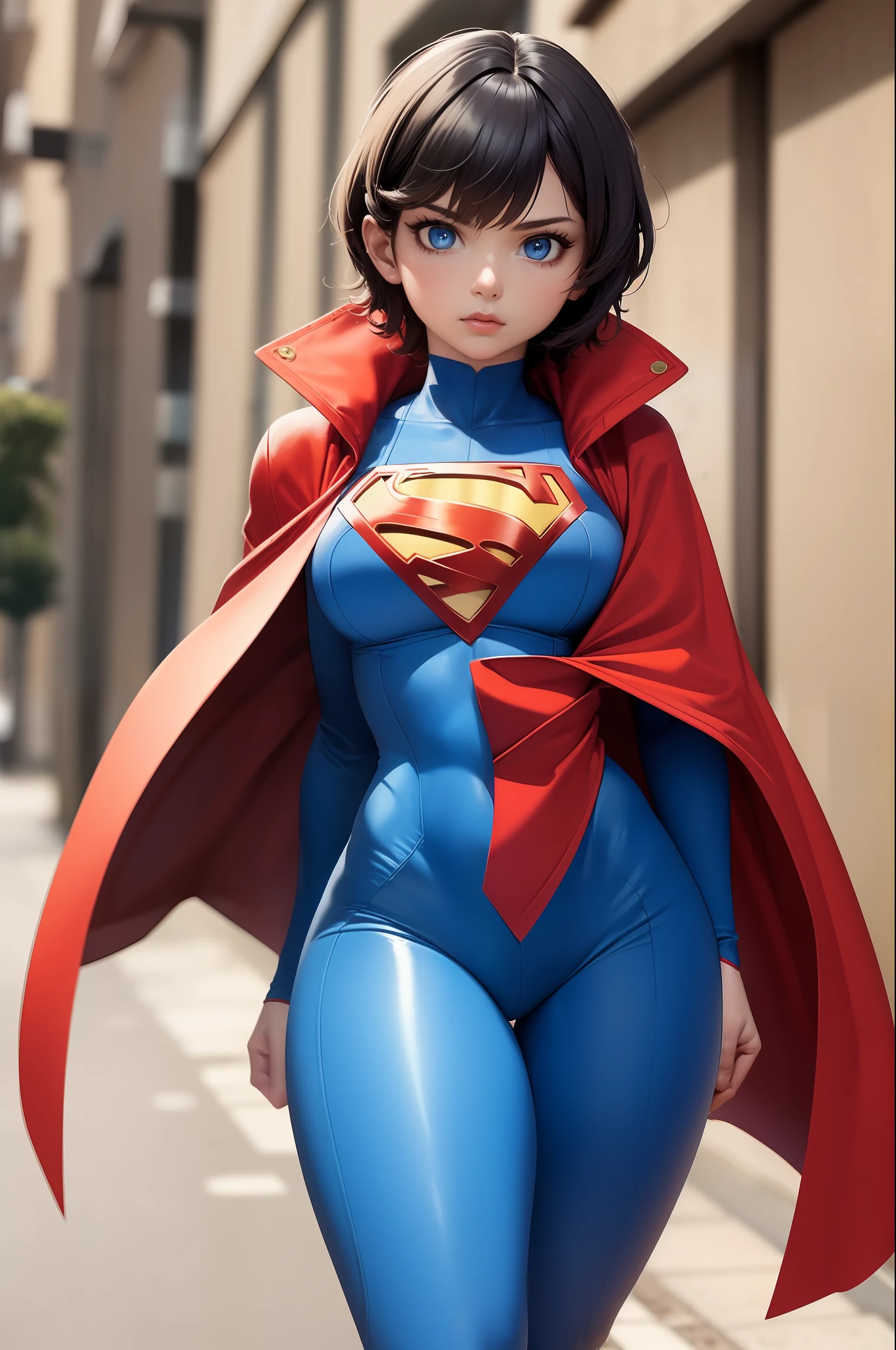 (masterpiece:1.4), (best quality), (detailed), (8k), (1girl, solo, sideways), (sidewalk), Clara Kent, superhero, bodysuit, short hair, red cape, blue eyes, wide hips, bending, bright dark blue costume.