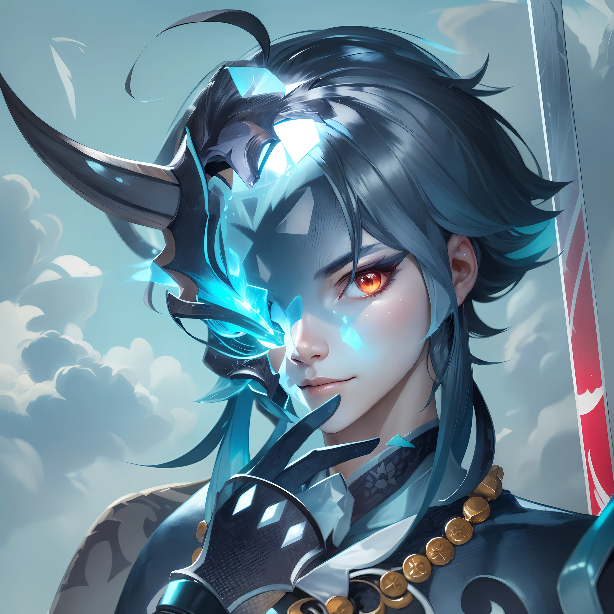 A closeup of a person with a sword and a demon head,Genshin Impact character, cute guy in Demon Slayer art,detailed key anime art, portrait, Genshin, cute Japanese Demon Boy, Demon Slayer Rui fanart,anime key art
