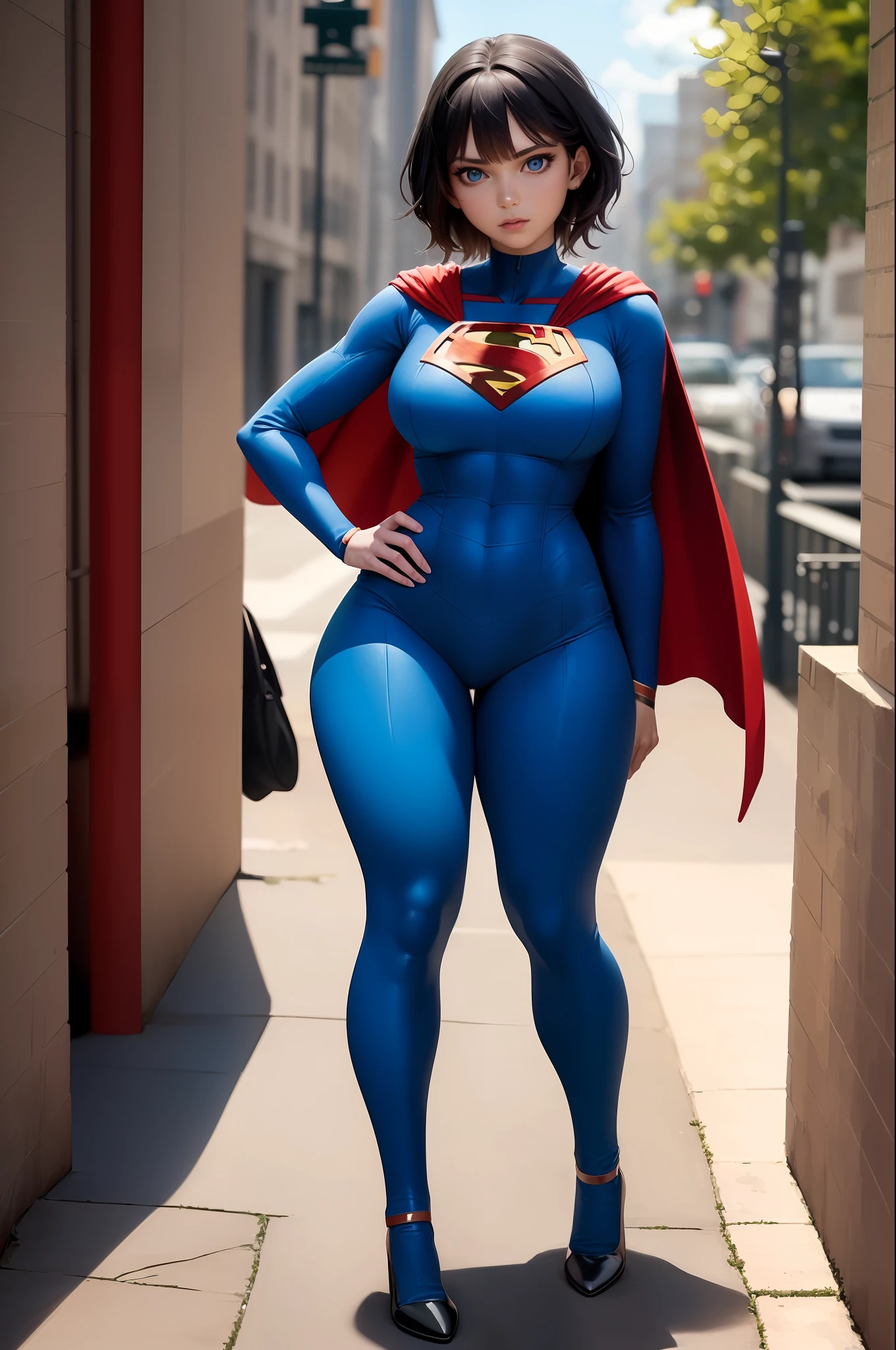 (masterpiece:1.4), (best quality), (detailed), (8k), (1girl, solo, sideways), (sidewalk), Clara Kent, superhero, bodysuit, short hair, red cape, blue eyes, wide hips, bending, bright dark blue costume.