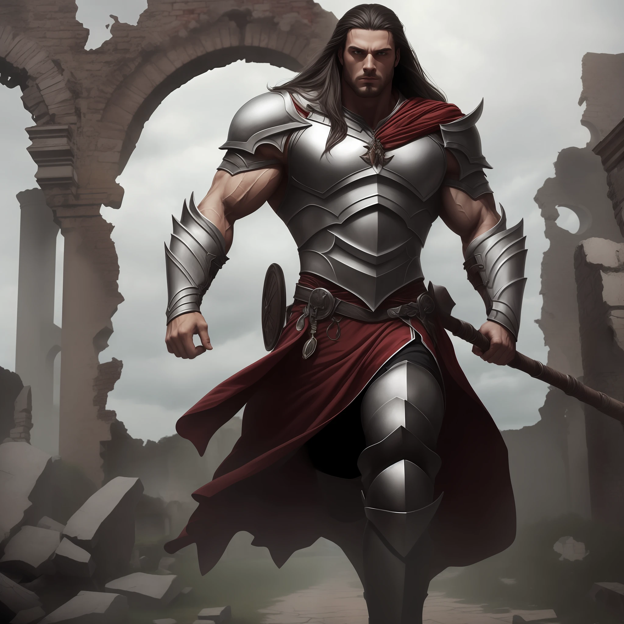 Man, perfect body, muscular, long hair gray in the wind, wearing light white armor with red accents running in English ruins. --auto
