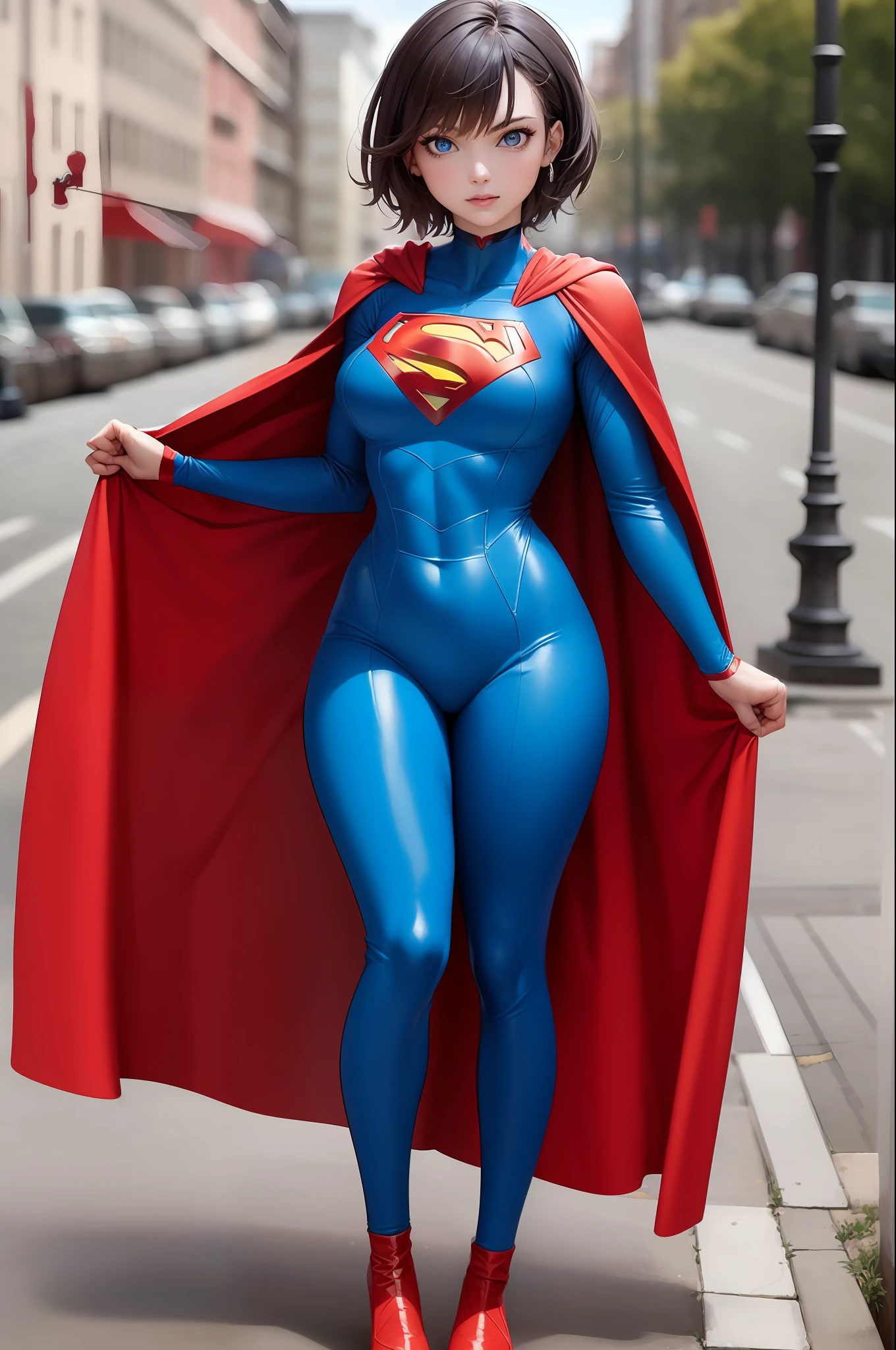 (masterpiece:1.4), (best quality), (detailed), (8k), (1girl, solo, sideways), (sidewalk), Clara Kent, superhero, bodysuit, short hair, red cape, blue eyes, wide hips, bending, bright dark blue costume.