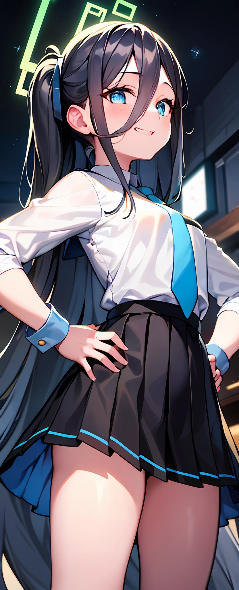 pureerosface_v1:0.66), best quality, ultra high definition, (photorealistic: 1.4), one girl, fine eyes, dark-eyed makeup, slim waist, blush, K-pop idol, (charm: 1.0), fine-eyed makeup, puffy eyes, solo, perfect ???????, (big), (slender), (black hair: 1), (watch viewers). (original_alice), (light blue tie), (marine blue eyes), (zhuo),(alice_halo:0.7),(blue halo),(smile),(happy),(pigtails),(long hair),(long bangs),(blue archive),(black hair band),(long coat),(school uniform),(white long-sleeved shirt),(pleated skirt),(navy blue skirt), Depth of field, facial details, skin luster, beautiful eyes, dark eye makeup, slim waist, blush, fine eye makeup, solo, perfect ???????. (((hands on hips))). (((gentle smile))).Night.room. (((Proud))).