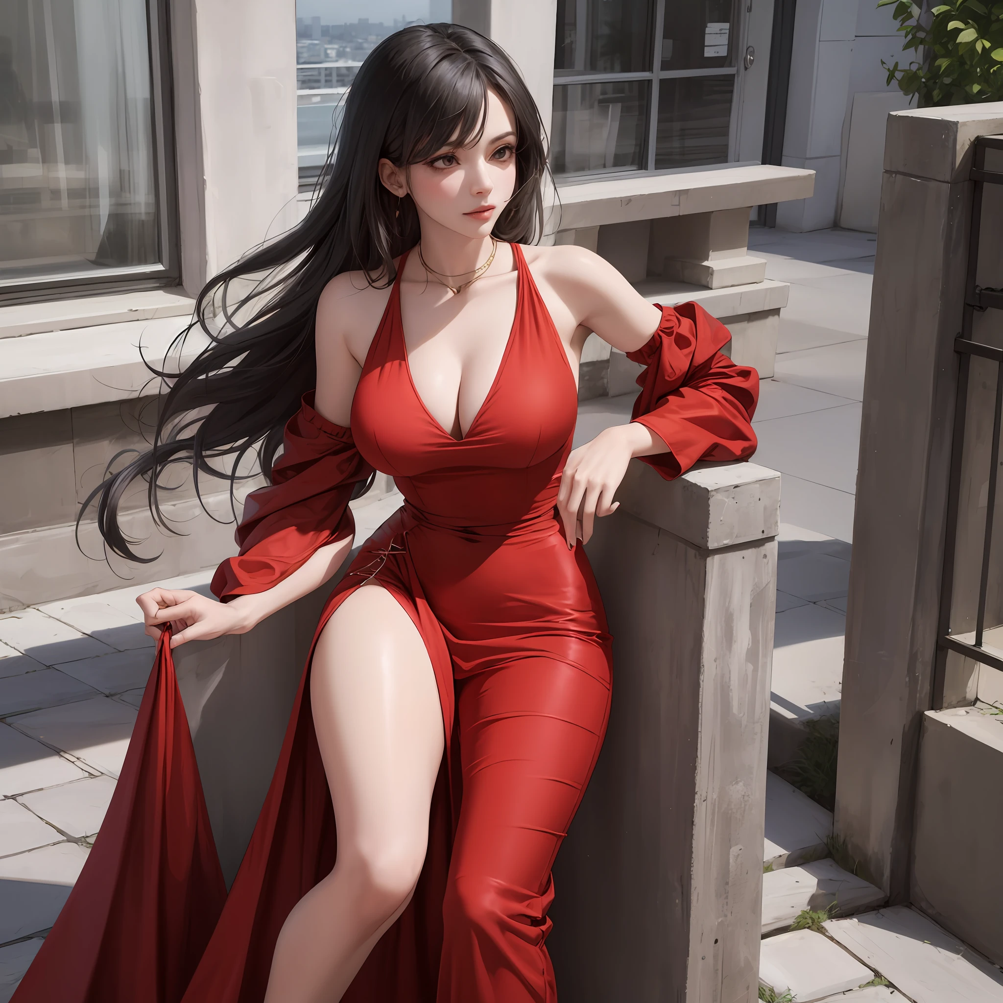 1girl, seductive curves, full breasts, slender waist, fine legs with beautiful lines, red dress with bare shoulders, neck collarbone, blue jeans, high heels --auto
