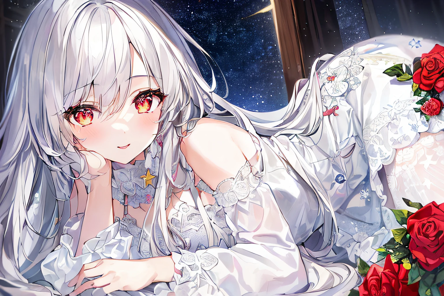 1girl, full body, denim photo, (Rembrandt), illustration, (masterpiece), (best quality), (ultra_detailed), finely detail, (Depth of field), , glove, long hair, star\ (symbol\), looking at viewer, (silver hair:1.2), red eyes, upper body, hair ornament, :p, frills, pink shirt, smile, sleeveless, shirt, idol, symbol-shaped pupils, hands up, brags smile, sleeveless, shirt, idol, symbol-shaped pupil, bangs, side up, star-shaped pupils, arms up, skirt pulling, roaring twenties, isometric, From above, the sky, the flowers, the cliffs,