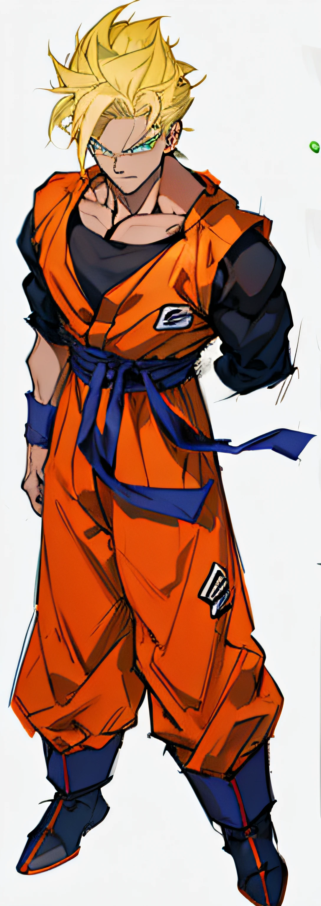 A drawing of an adult Gohan, combat suit, blond, green eyes, muscular, without an arm, serious expression, handsome, well-made eyes,