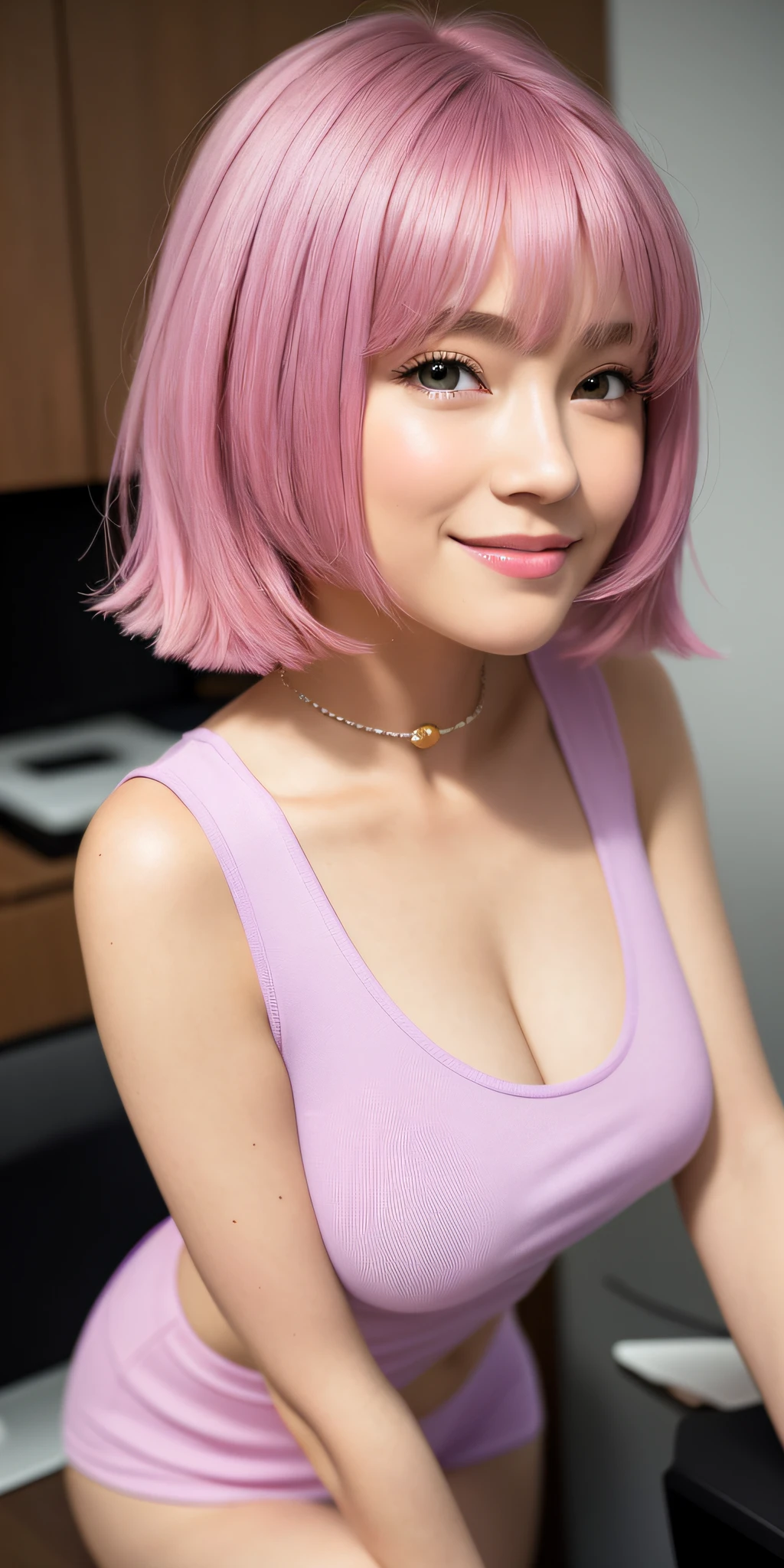 (64K, UHD, Best Quality, Masterpiece: 1.2), (Realistic, Photorealistic: 1.37), Super Detailed, One Girl, Cute, Bento, Lunch, (Blush), (Smile: 1.15), (Kissing Mouth), Big, Bento, Beautiful Fine Eyes, (Shirt with Collar: 1.1), Night, Office Clothes, (Short Hair: 1.2), NovaFrogStyle, (Pink Hair, Purple Eyes), Floating Hair,