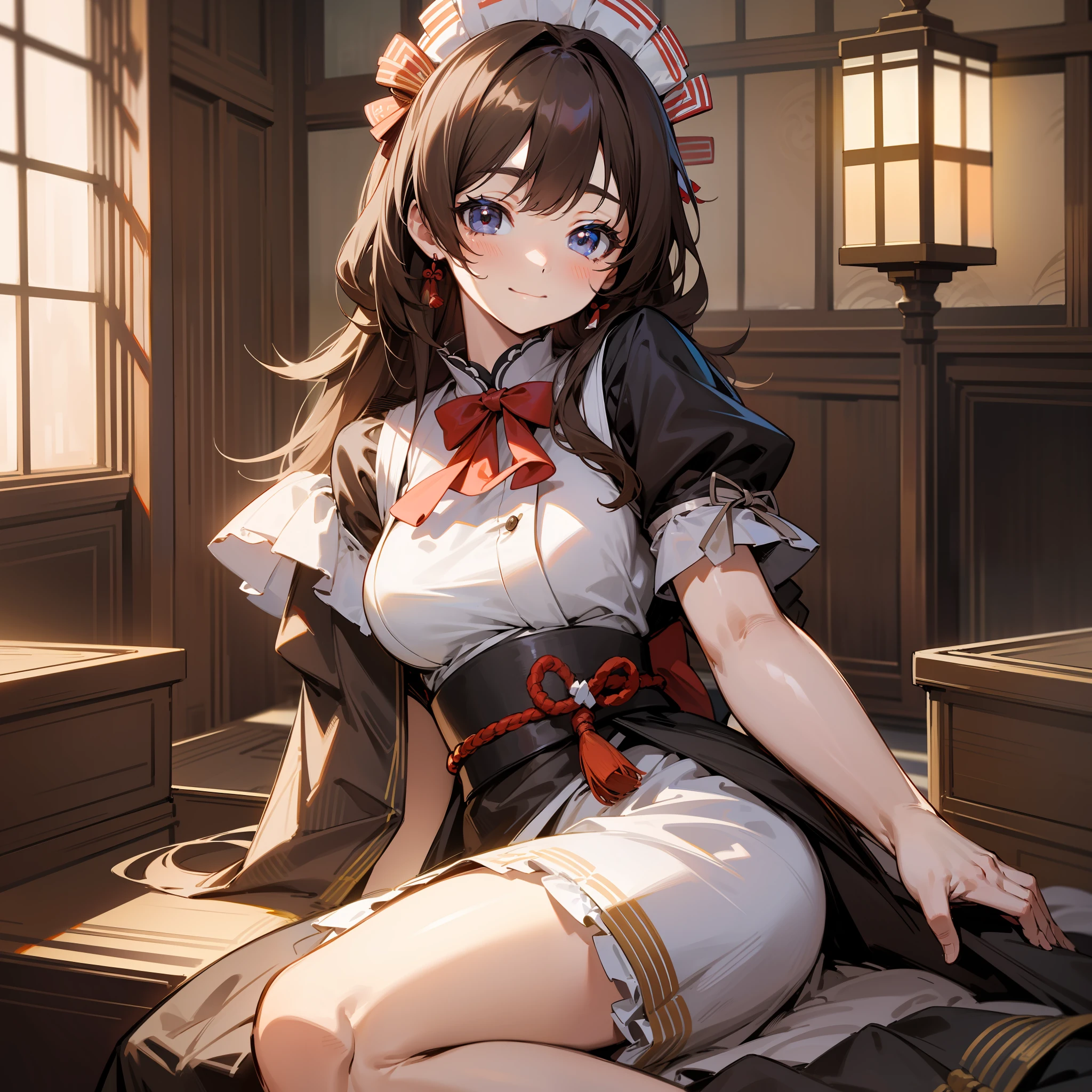 High quality, 8k, brown hair, petite, beautiful daughter, rugged expression, long hair, large breasts, Japanese maid, Taisho romantic, radiant smile, Photograph the whole body,