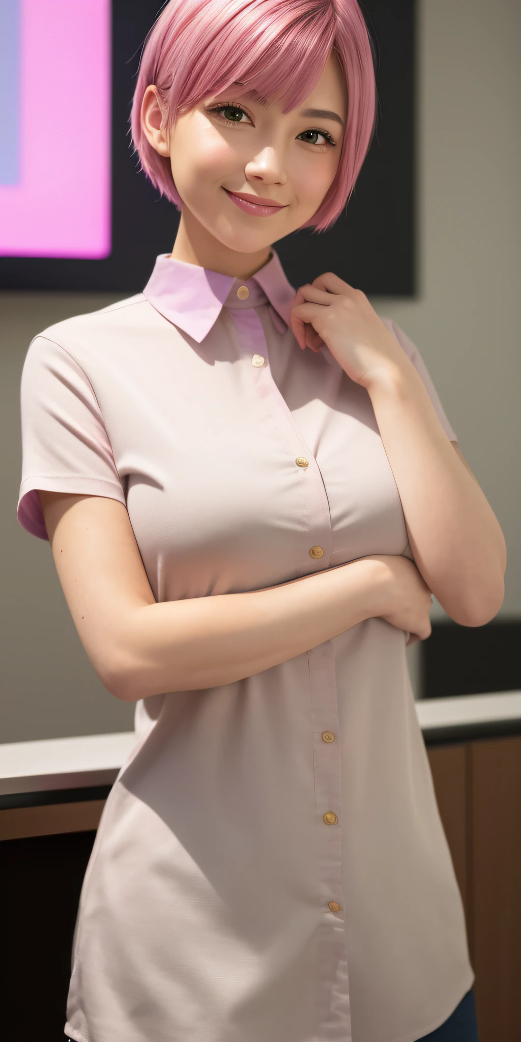 (64K, UHD, Best Quality, Masterpiece: 1.2), (Realistic, Photorealistic: 1.37), Super Detailed, One Girl, Cute, Bento, Lunch, (Blush), (Smile: 1.15), (Kissing Mouth), Big, Bento, Beautiful Fine Eyes, (Shirt with Collar: 1.1), Night, Office Clothes, (Short Hair: 1.2), NovaFrogStyle, (Pink Hair, Purple Eyes), Floating Hair,