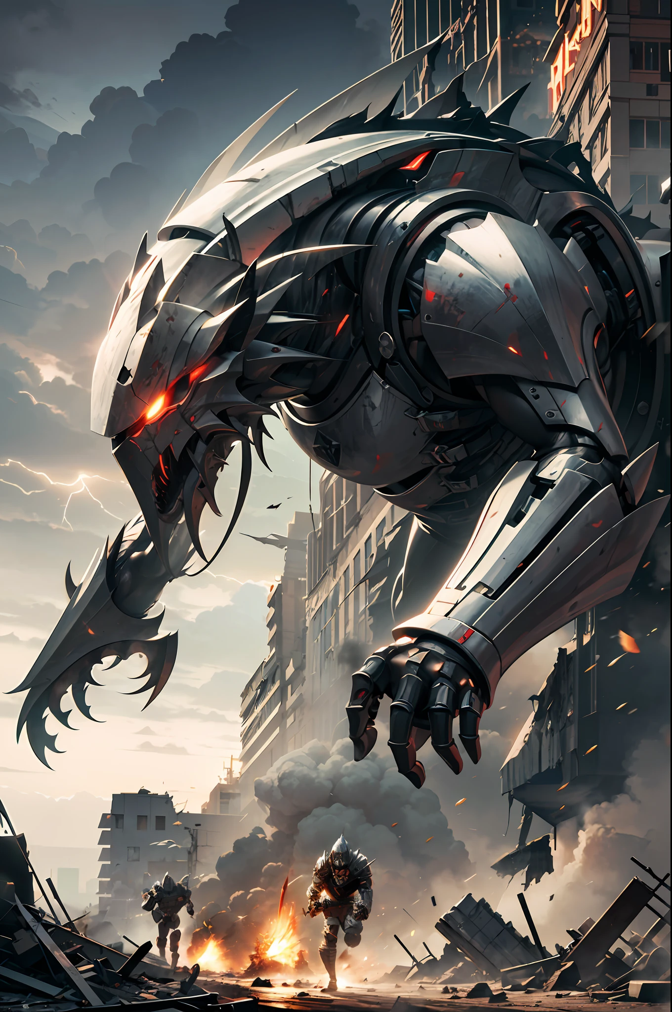 a futuristic hardcore mechanical warrior, battle scene, huge city ruins, smoke, dust, wreckage, skyscraper collapse, black clouds, lightning, solid armor, metal plates, mechanical parts, cold light, red eyes, superhuman strength, speed, giant weapon, explosion, destruction, agility, precision pace, hand-to-hand combat, metal collision sound, smooth action, gorgeous, clash, tension, sense of power, sense of speed, destructive power, aesthetics,, best quality, masterpiece, super high resolution, intricate details, 8K resolution, Photorealistic, Realistic 1.4, HDR, (High Light Glow: 1.2)