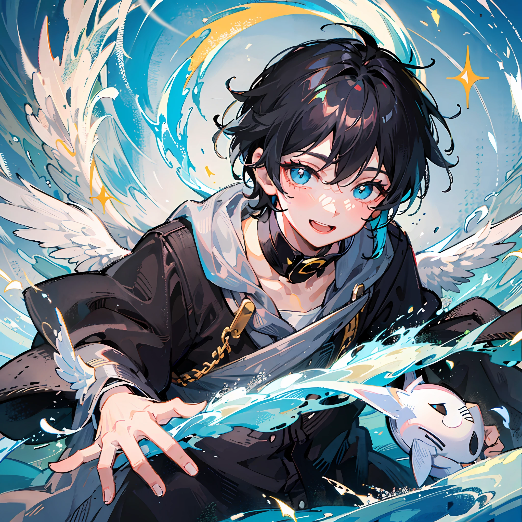 Black (fluffy), short hair, cyan eyes, (little boy with white wings), wearing a black robe, smiling, attention to detail, highest quality.