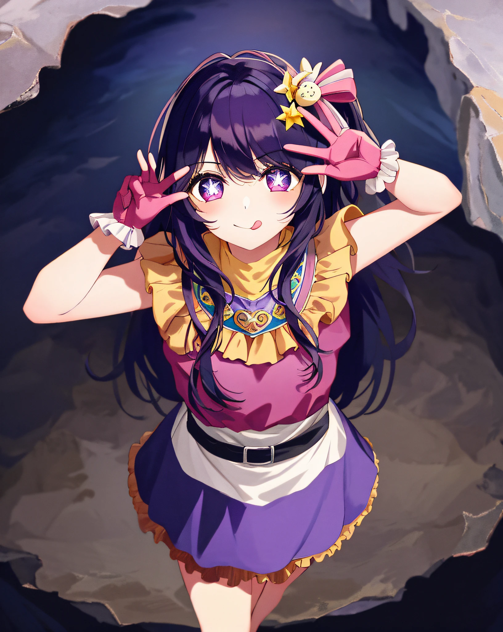 1girl, full body, cowboy shot,
(Rembrandt), illustration, (masterpiece), (best quality), (ultra_detailed), finely detail, (Depth of field),
HshinoAi,gloves, tongue out, tongue, long hair, star \(symbol\), looking at viewer, (purple hair:1.2), purple eyes, upper body, hair ornament, :p, frills, pink shirt, smile, sleeveless, shirt, idol, symbol-shaped pupils, hands up, bangs, one side up, star-shaped pupils, arms up,
dress pull,
Roaring Twenties, isometric, from above, sky, flower, cliff,