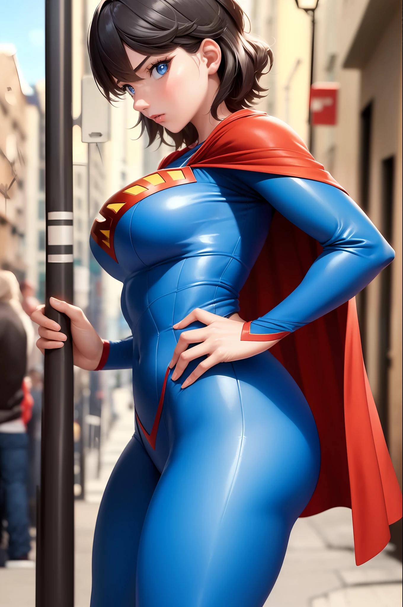 (masterpiece:1.4), (best quality), (detailed), (8k), (1girl, solo, from side), (sidewalk), clara kent, superhero, bodysuit, short hair, red cape, blue eyes, wide hips, flexing,