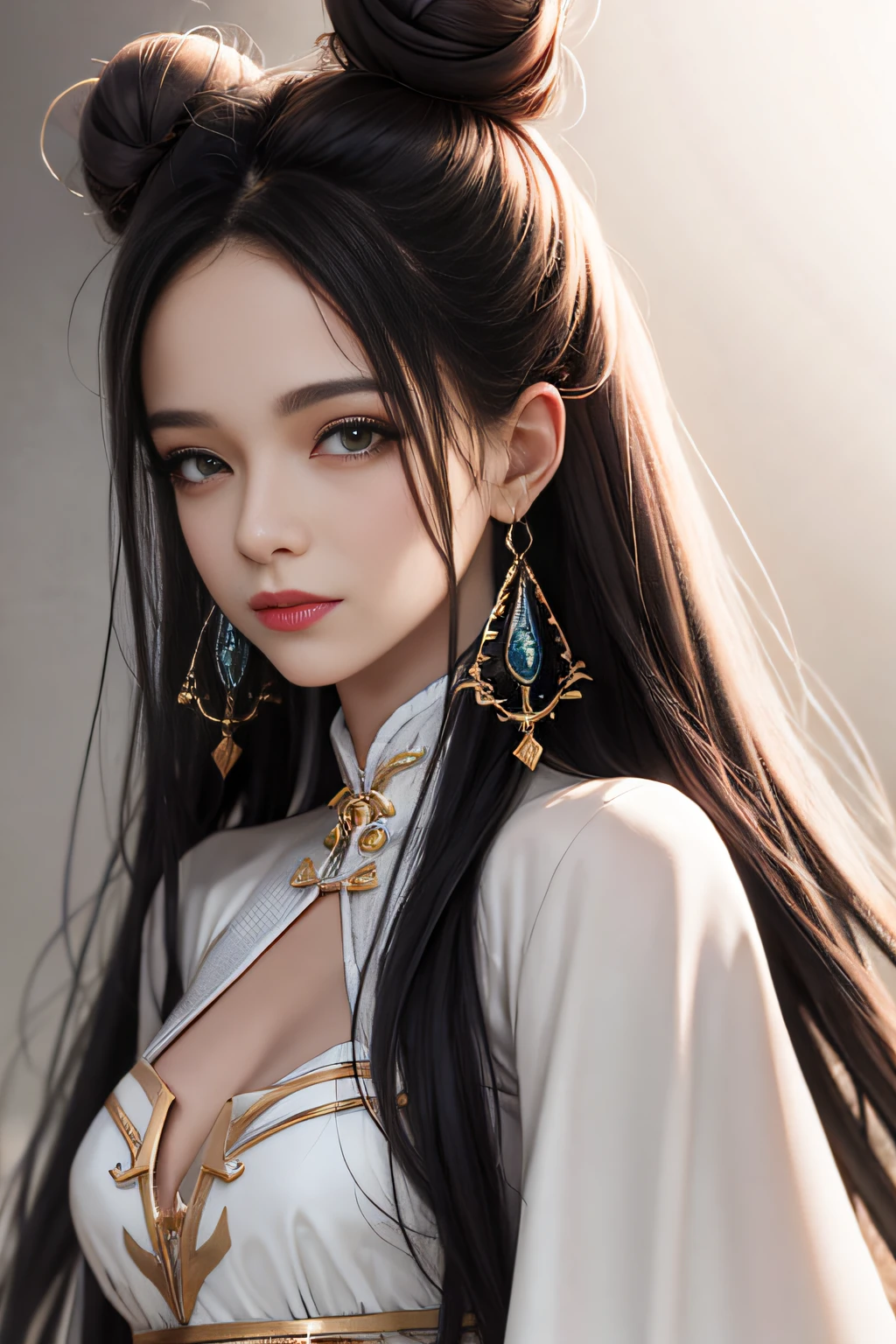 (Very detailed CG unity 8k wallpaper), masterpiece, best quality, high quality, high definition, high quality texture, high quality shadows, high detail, cinematic light, side lighting, ray tracing, sharp focus, (1 girl), (whole body), (Xiuxian world), Chinese fairy tale, white collared top, ancient long skirt, embroidered cape, streamers, black hair, Chinese coiled bun, hairpin, light pink lips, calm, intellectual, delicate face, face close-up, realistic, edge light, two-tone light, ( Detailed skin details: 1.2), 8K UHD, DSLR, soft light, high quality, high resolution