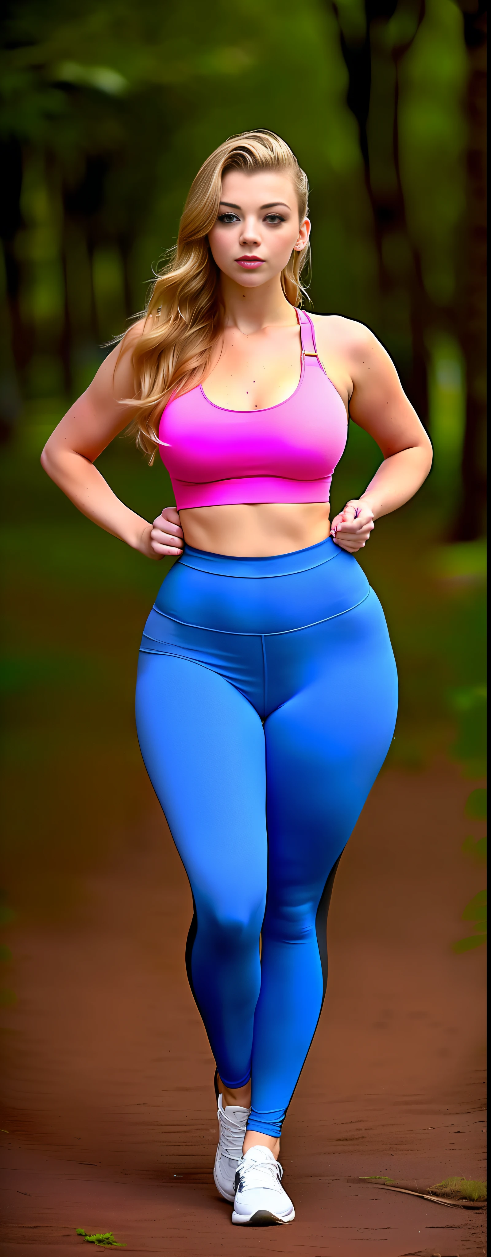 a jennifer Lawrence with Natalie dormer eyes, in a pink top and blue leggings posing for a photo, tight suit, tight clothing, leggins, dainty fit figure, demi rose, slim waist and thick hips, beautiful thick female, tight fit, in the park, sunday, natural light, leggings, fit pic, fit girl, thick thieves, curvy physique, very curvy, thick, blue and pink