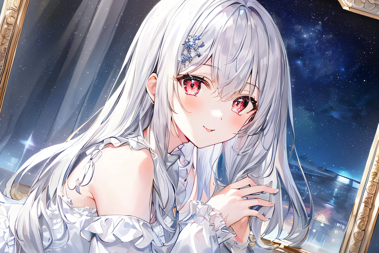 1girl, full body, denim photo, (Rembrandt), illustration, (masterpiece), (best quality), (ultra_detailed), finely detail, (Depth of field), , glove, long hair, star\ (symbol\), looking at viewer, (silver hair:1.2), red eyes, upper body, hair ornament, :p, frills, pink shirt, smile, sleeveless, shirt, idol, symbol-shaped pupils, hands up, brags smile, sleeveless, shirt, idol, symbol-shaped pupil, bangs, side up, star-shaped pupils, arms up, skirt pulling, roaring twenties, isometric, From above, the sky, the flowers, the cliffs,