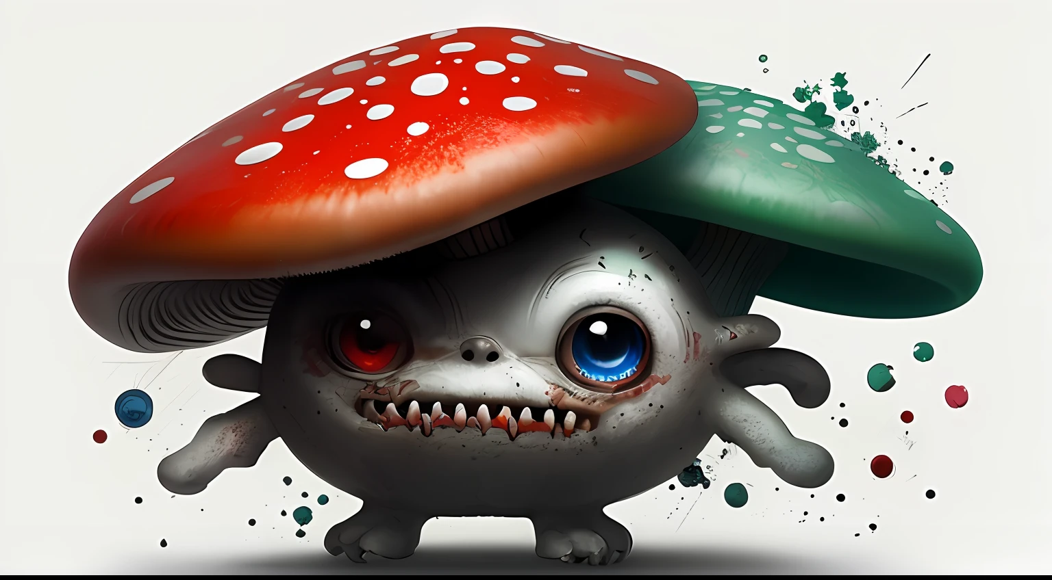 A adorable red capped mushroom white dots cute with a face with one eye , crying mouth and scary teeth" :: white background breathtaking hyperrealistic :: by Android Jones, Jean Baptiste monge, Alberto Seveso, James Jean, Jeremy Mann, insanely detailed professional photography :: masterpiece, 8k resolution concept art trending on Artstation, triadic colors, Unreal Engine 5 cg society octane photograph ultra detailed sharp crisp lines
