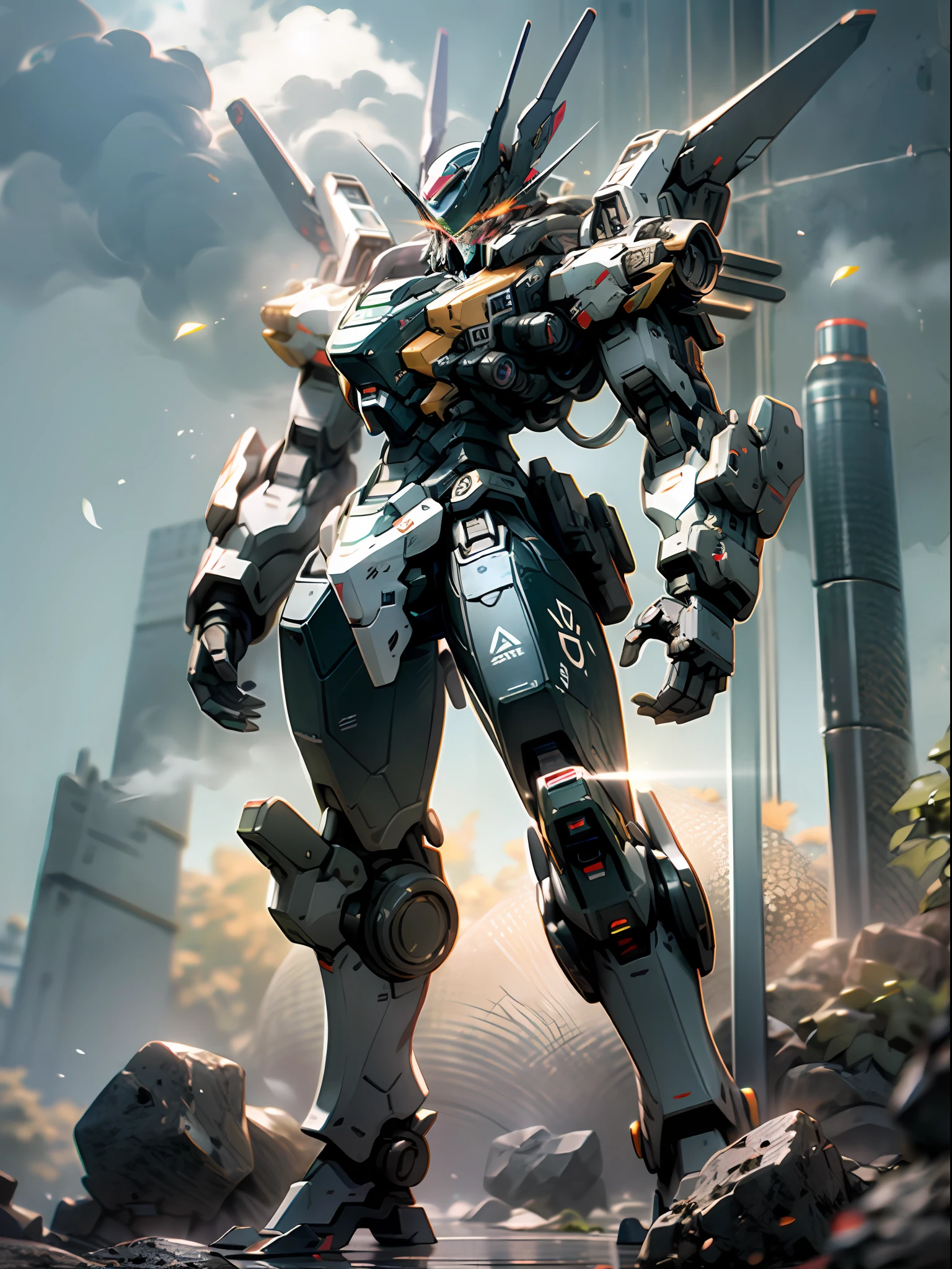((Best Quality)), ((Masterpiece)), (Very detailed: 1.3), 8K, cool painting, full of sci-fi, black assassin with devastating weapons, streamlined black armor, complex weapons and equipment behind it, Gundam humanoid mech, anime mech aesthetics, perfect body proportions, heads-up view, standing posture, military giant mech, missiles, rocks, futuristic technology, realism, dark clouds in the sky, dark war background, ray tracing, light particles, nvidia Trtx, Super Resolution, Unreal 5, Subsurface Scattering, Specular and Albedo Mapping, Rule of Thirds, Large Aperture, Battle Stance, 8K Raw Data, High Efficiency Subpixels, Subpixel Convolution, Light Particles, Light Scattering, Tyndall Effect, Ray Tracing.