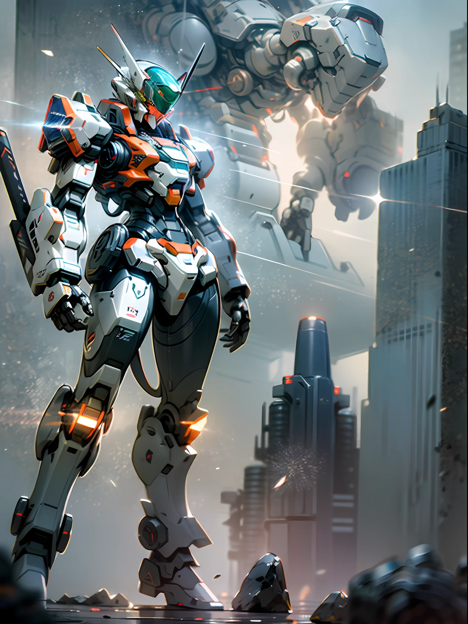 ((Best Quality)), ((Masterpiece)), (Very detailed: 1.3), 8K, cool painting, full of sci-fi, black assassin with devastating weapons, streamlined black armor, complex weapons and equipment behind it, Gundam humanoid mech, anime mech aesthetics, perfect body proportions, heads-up view, standing posture, military giant mech, missiles, rocks, futuristic technology, realism, dark clouds in the sky, dark war background, ray tracing, light particles, nvidia Trtx, Super Resolution, Unreal 5, Subsurface Scattering, Specular and Albedo Mapping, Rule of Thirds, Large Aperture, Battle Stance, 8K Raw Data, High Efficiency Subpixels, Subpixel Convolution, Light Particles, Light Scattering, Tyndall Effect, Ray Tracing.