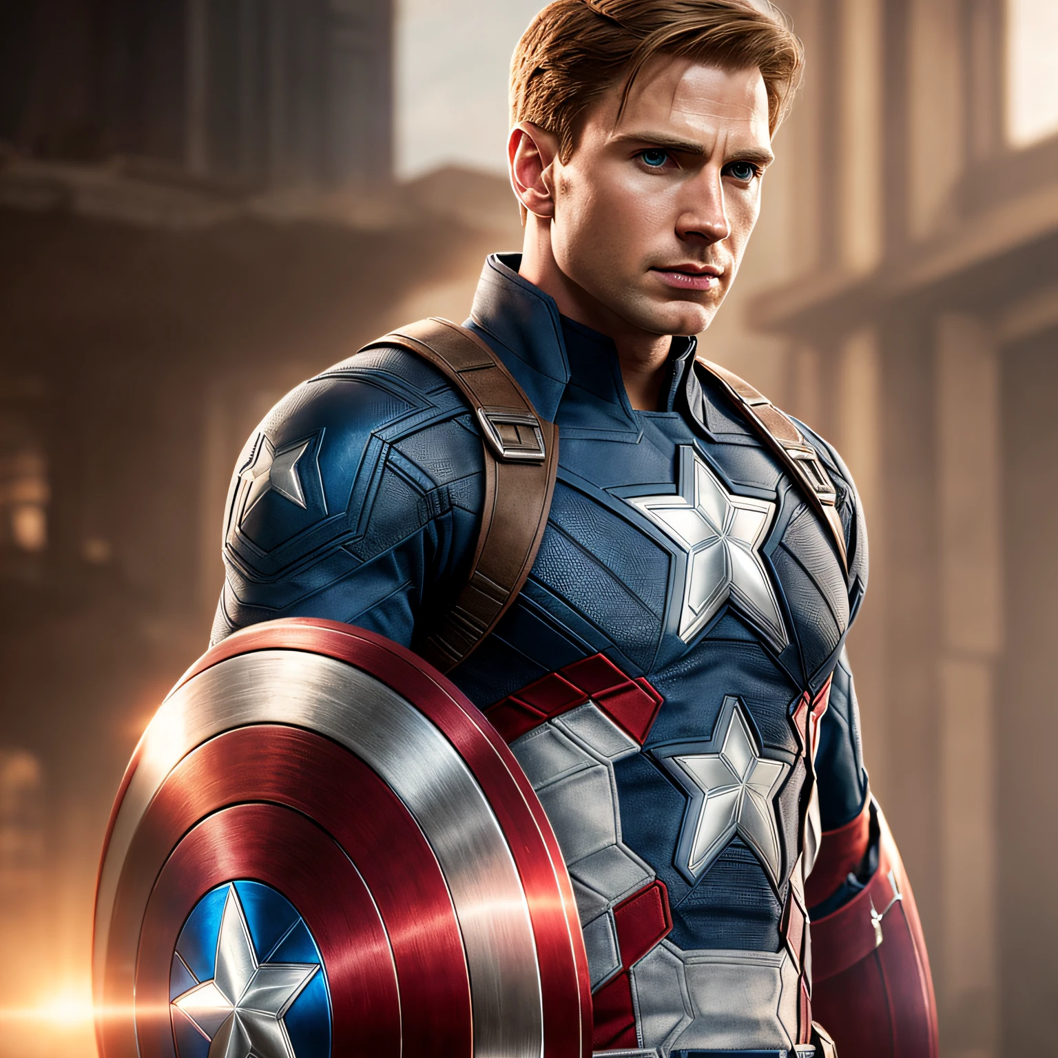dynamic and action-packed illustration of Captain America posing in the middle of a fierce battle. Show Captain America in a heroic and powerful stance, exuding strength and determination. Depict him in his iconic red, white, and blue costume, with the star-spangled shield held high in one hand. Surround him with chaos and destruction, showcasing the intensity of the battle with explosions, debris, and enemy forces. Use dynamic posing and dynamic lighting to enhance the sense of motion and energy in the scene. Pay attention to details such as Captain America's expression, muscle definition, and the texture of his costume. Overall, create a visually striking and adrenaline-pumping portrayal of Captain America in the midst of battle.