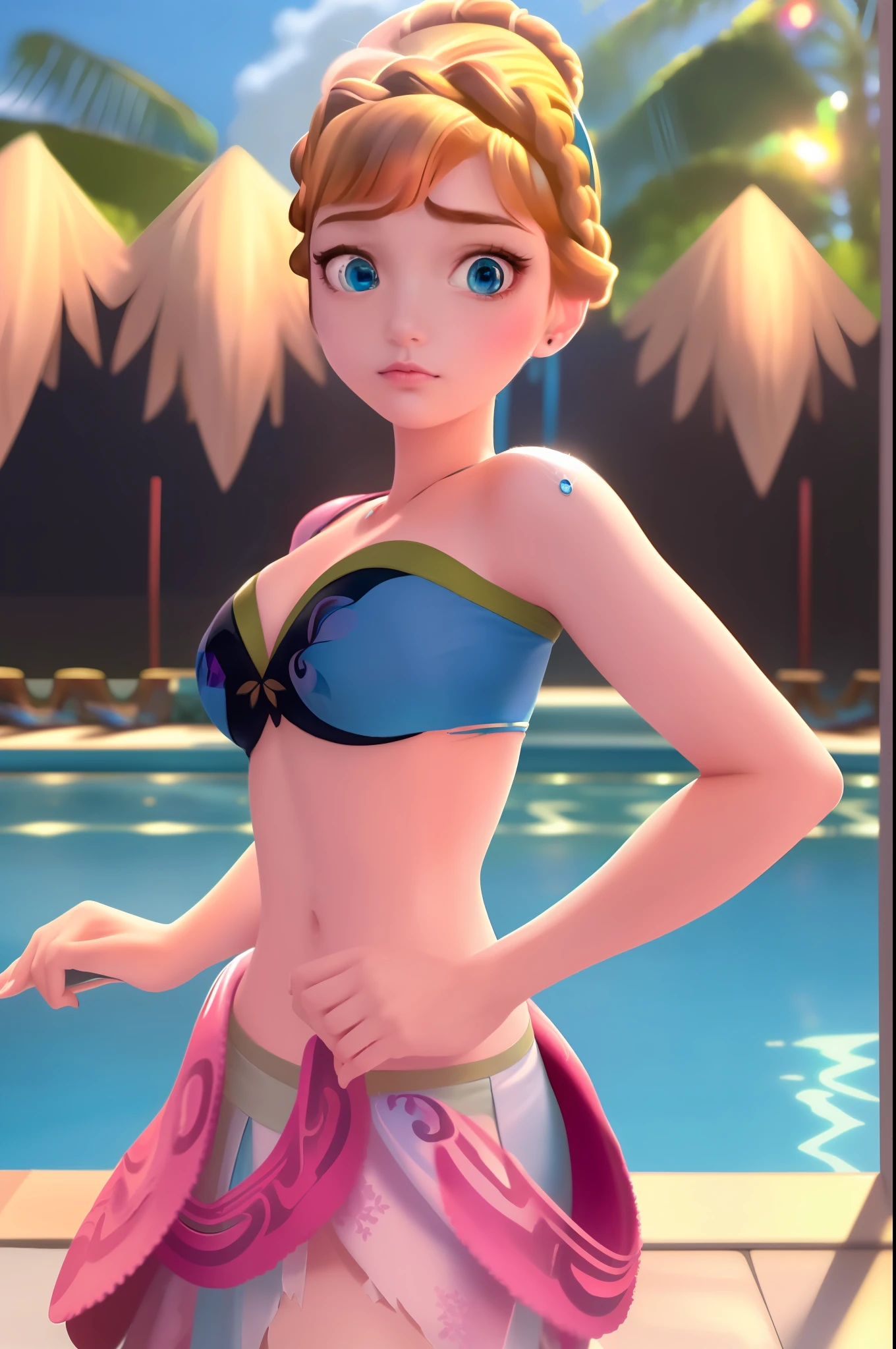 (masterpiece:1.4), (best quality:1.4), (high resolution:1.4), Anna d'Arendelle, in a pool,blue eyes, bare shoulder, bikini top, torn pink skirt, updo, looking at the viewer, sad, tentacles