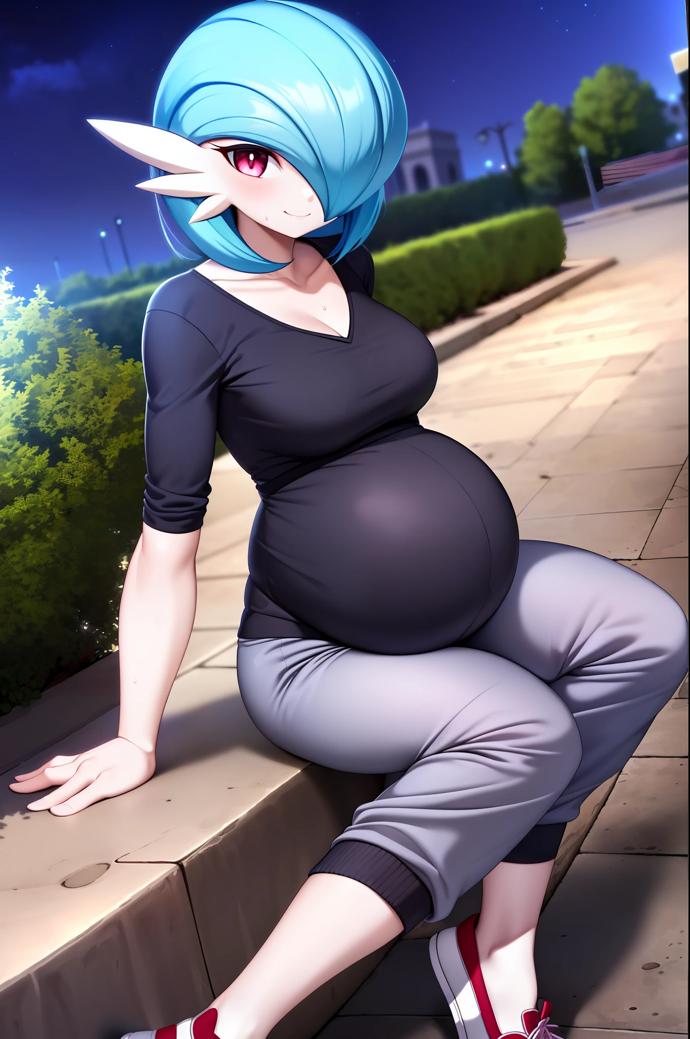 masterpiece, best_quality, 1girl, solo, gardevoir, pokemon\(creature\), blue hair, in a park, park, movie lighting, night, sitting on a bench, smile, casual clothes, short mangs black blouse, low-cut blouse, medium breasts, medium breasts, sweatpants, gray pants, full body, sneakers, pregnant. Red eyes, detailed eyes.