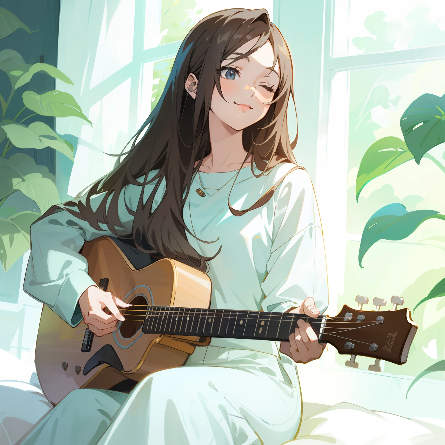 Woman sitting playing guitar with both eyes closed in front of window, gentle smile, realistic and cute anime girl drawing, anime girl playing guitar, playing guitar, anime woman playing guitar, soft digital painting, musician, playing guitar, fan art, realistic art style, beautiful artwork illustration, beautiful digital artwork