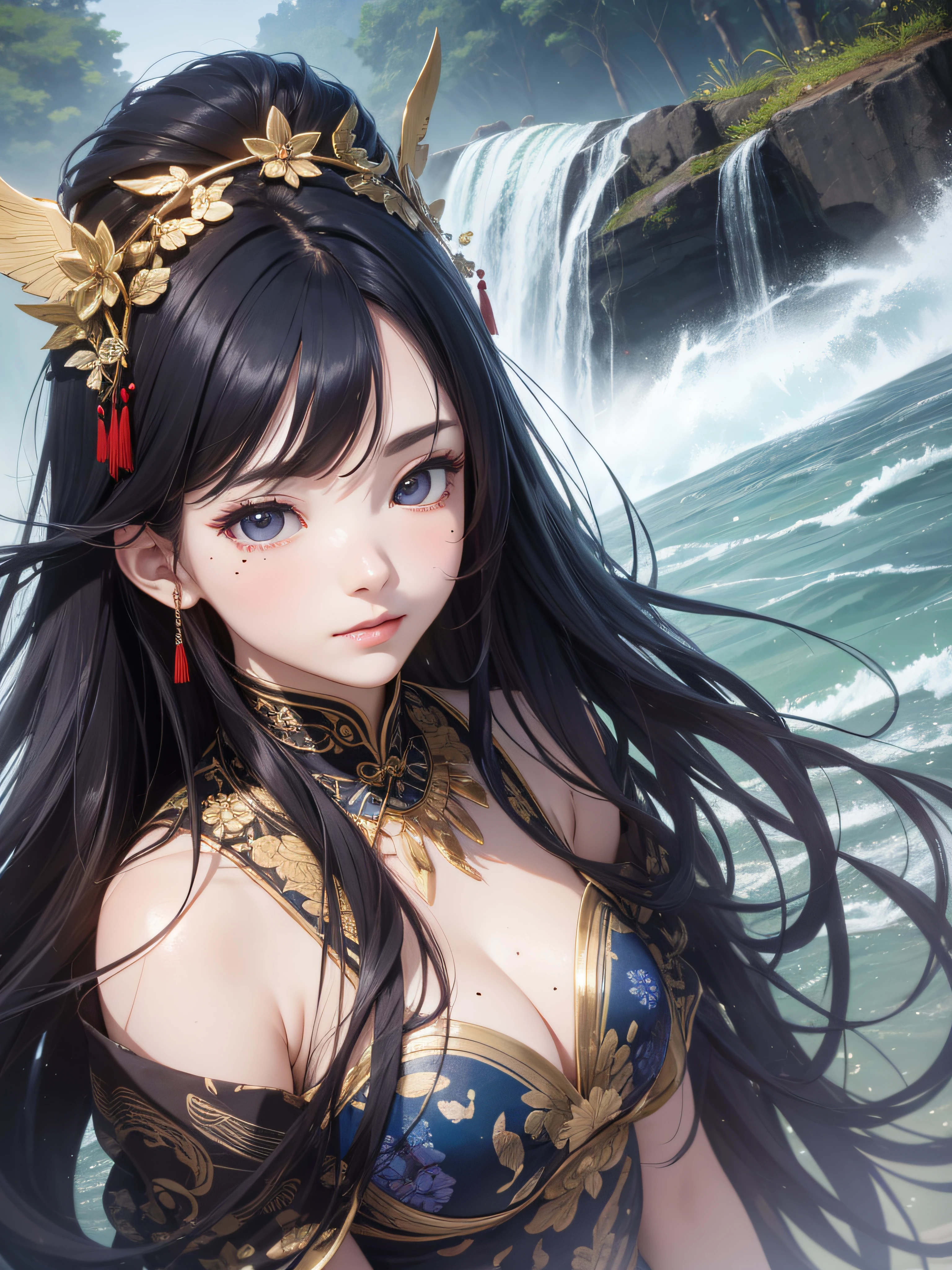 masterpiece, real, beautiful payback maiden with Chinese style black hair ultra long hair wearing a thin beautiful feather robe that descended from heaven on the beach, looking down at the viewer with dim eyes, Chinese style hair ornament, in the fog in the moonlight, divinity in the halo, in the evening mist, 18 years old, depressed eyes, photorealistic, ideal hair luster, whole body, quiet waterside with a waterfall nearby, mole