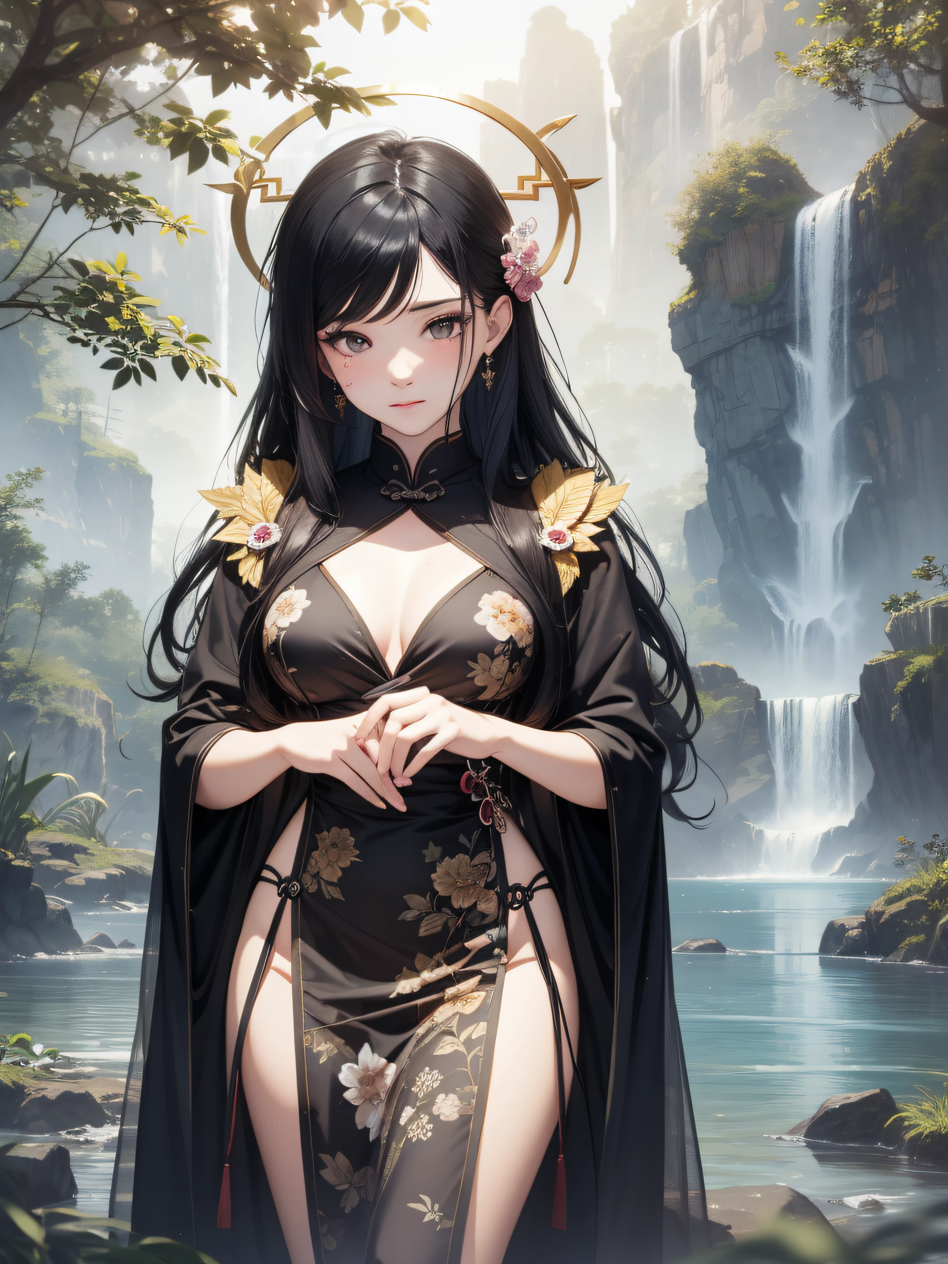 masterpiece, real, beautiful payback maiden with Chinese style black hair ultra long hair wearing a thin beautiful feather robe that descended from heaven on the beach, looking down at the viewer with dim eyes, Chinese style hair ornament, in the fog in the moonlight, divinity in the halo, in the evening mist, 18 years old, depressed eyes, photorealistic, ideal hair luster, whole body, quiet waterside with a waterfall nearby, mole
