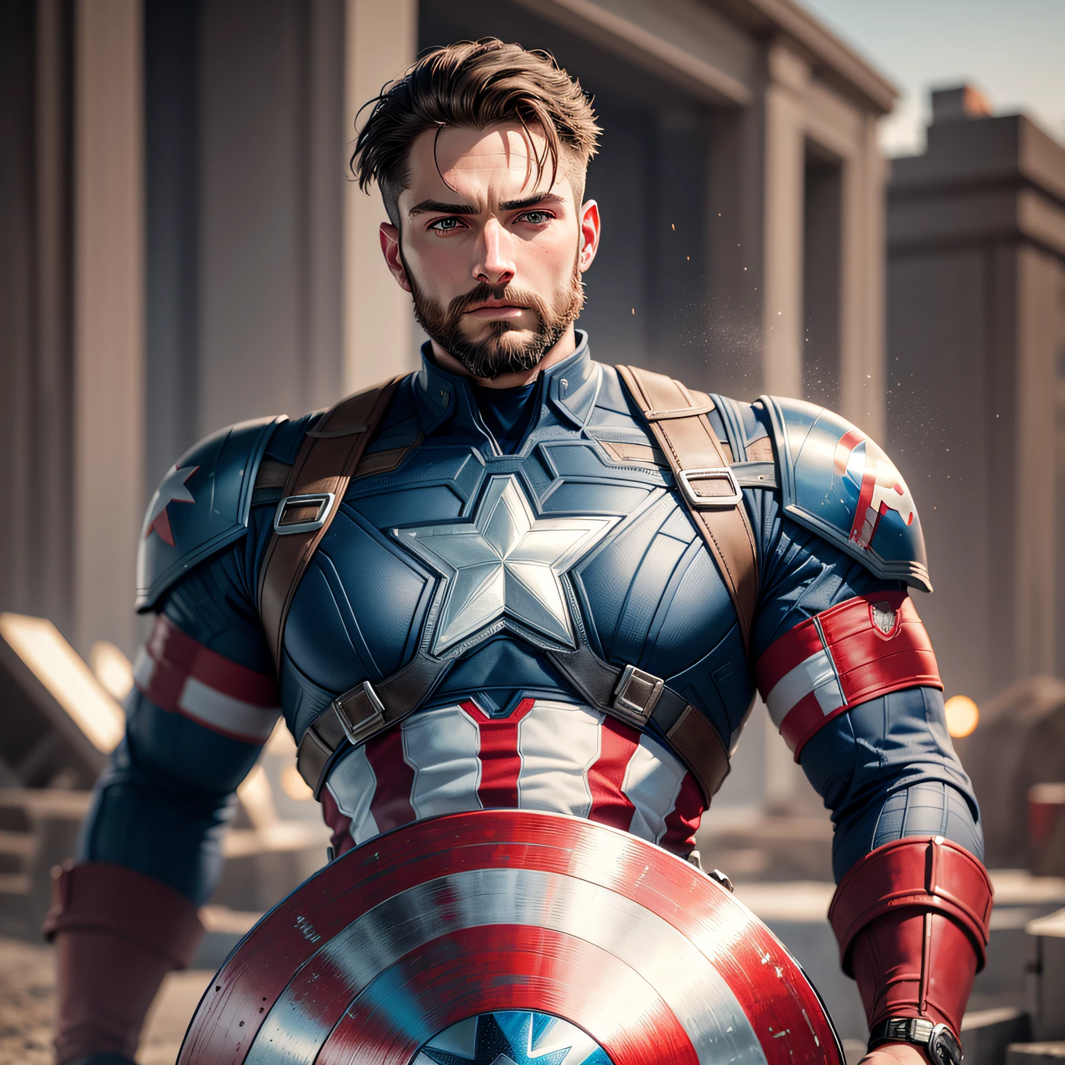 dynamic and action-packed illustration of Captain America posing in the middle of a fierce battle. Show Captain America in a heroic and powerful stance, exuding strength and determination. Depict him in his iconic red, white, and blue costume, with the star-spangled shield held high in one hand. Surround him with chaos and destruction, showcasing the intensity of the battle with explosions, debris, and enemy forces. Use dynamic posing and dynamic lighting to enhance the sense of motion and energy in the scene. Pay attention to details such as Captain America's expression, muscle definition, and the texture of his costume. Overall, create a visually striking and adrenaline-pumping portrayal of Captain America in the midst of battle.