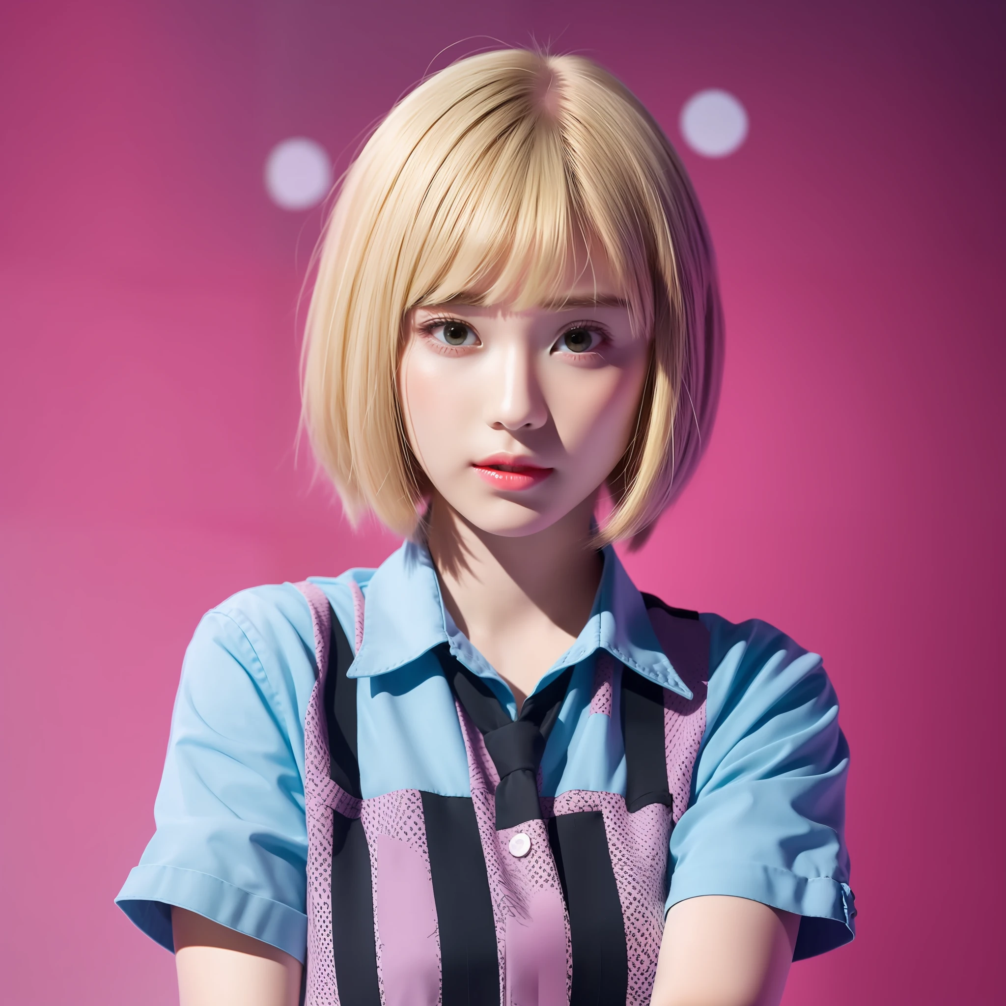 Pop, colorful and cute schoolgirl, blonde bob cut, colorcon