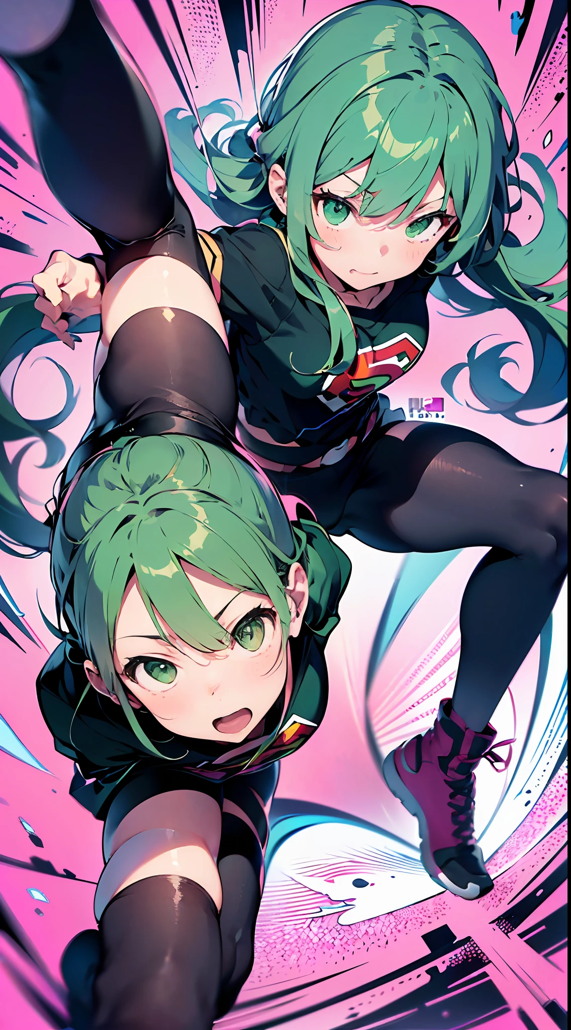 Offensive action with the head positioned low, the upper body twisted, and one leg kicked straight up. Standing Split, (Masterpiece)), ((Super detail, top quality, high resolution, 8k wallpaper), (Full body, 1 girl), (Green eyes), (Pink hair, long hair, straight hair, both sides up)), 18 years old. Hero action. Composition looking down from above.