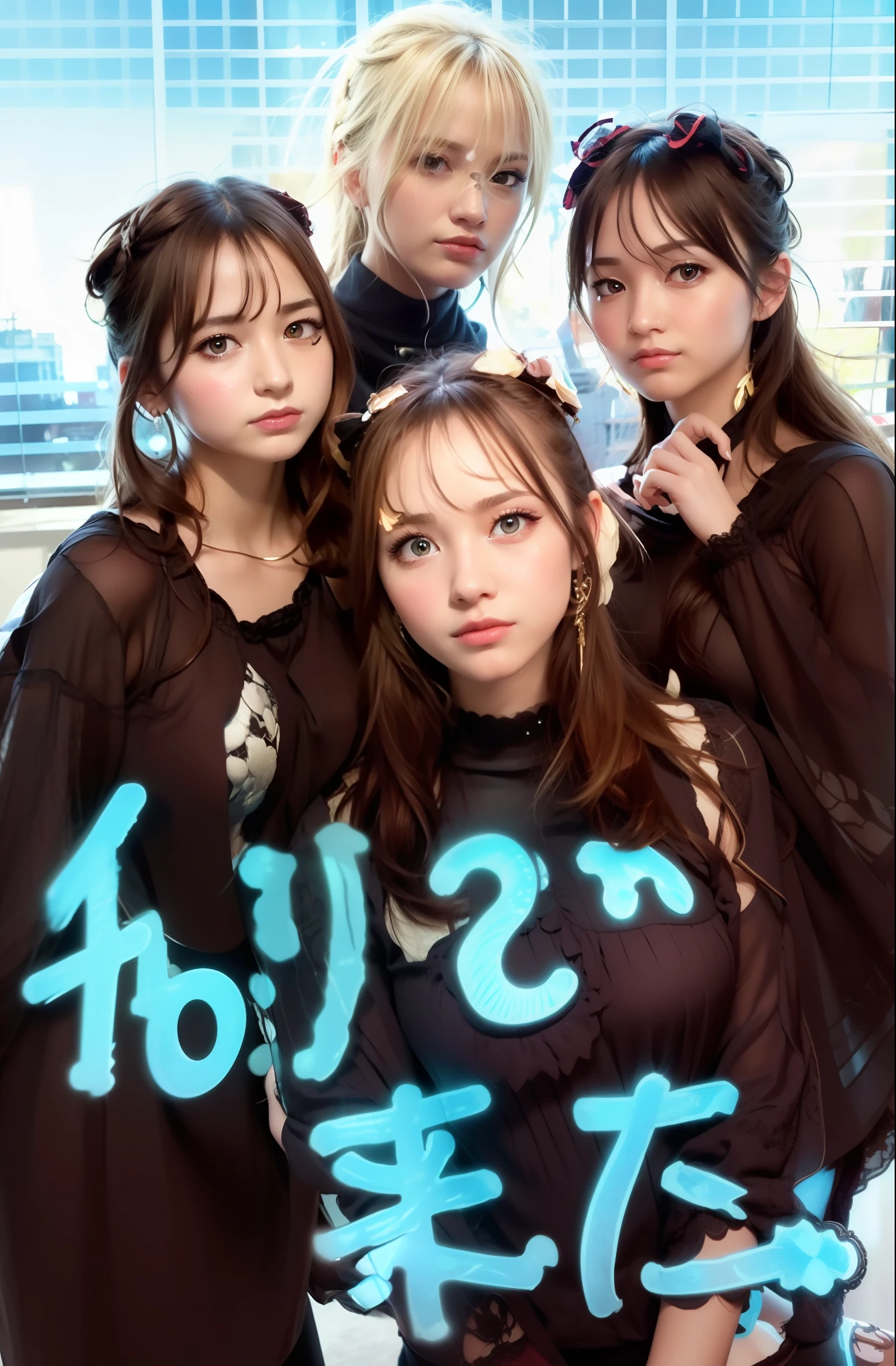 masterpiece, top quality, (realistic, photorealistic: 1.4), very elaborate CG Unity 8K wallpaper, very delicate and beautiful, wonderful, very fine, very elaborate, beautiful eyes and face, beautiful elaborate eyes, light on the face, four girls, long hair, sleeveless shirt, naked arms, bangs, school, classroom,