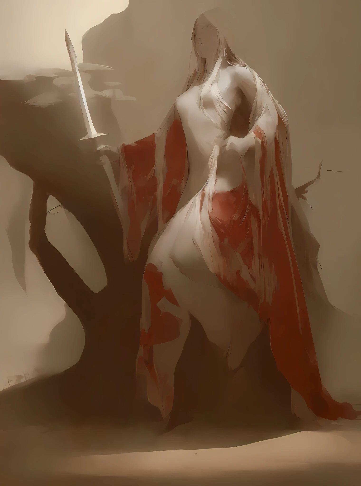 There is a woman in a red and white dress holding a sword, her body structure is normal and precise, her feet are stepping on a dead tree, the trunk is enlarged and thickened, the roots are tangled, the ground is lined with rocks, illustrated concept art, WLOP art, inspired by WLOP, WLOP and Greg Rutkowski's art, concept art digital illustration, Peter Mohrbacher. Unreal Engine, Peter Morebach Style, Peter Morebach Art Style, Digital Painting Concept Art, Krenz Kusaud
