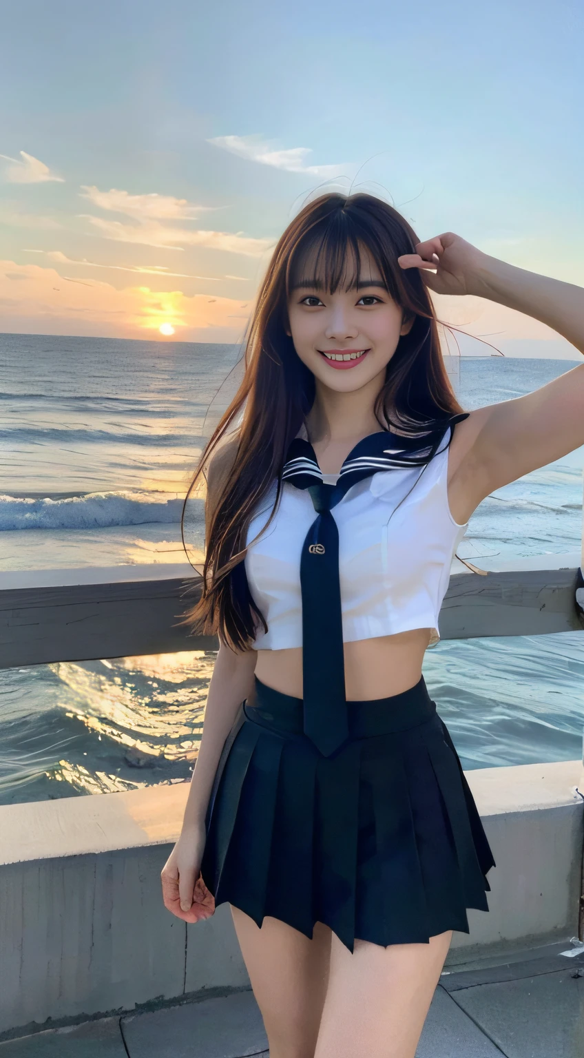 (8k, RAW photos, highest quality, masterpiece: 1.2), ultra detail, super resolution, (photorealistic: 1.4), frolicking at the water's edge, full body shots, full body photos, high resolution RAW color photos, professional photos, sun beach, emotional scenery, very detailed and beautiful, ultra high quality, 8k wallpapers, amazing details, huge file size, very detailed beautiful girls, very detailed faceVery detailed eyes, very realistic skin, Very detailed fingers, Very detailed nose, Very detailed mouth, Perfect anatomy, Very detailed background, Very detailed clothes, Teen, Pretty girl, Famous Japan idol, Cute, Realistic body, Slender, White skin, Glowing skin, Slim body, Long straight hair, (dull bangs:1.2), Realistic face, Delicate eyes, Double eyelids, Sailor suit, red tie, pink eye shadow, high school girl Smiling hair, after school Beautiful sunset Beach brown hair Energetic Celebrity-level cuteness Looks fun Smiling figure, arms outstretched facing us, modern female proofreading, full body photo