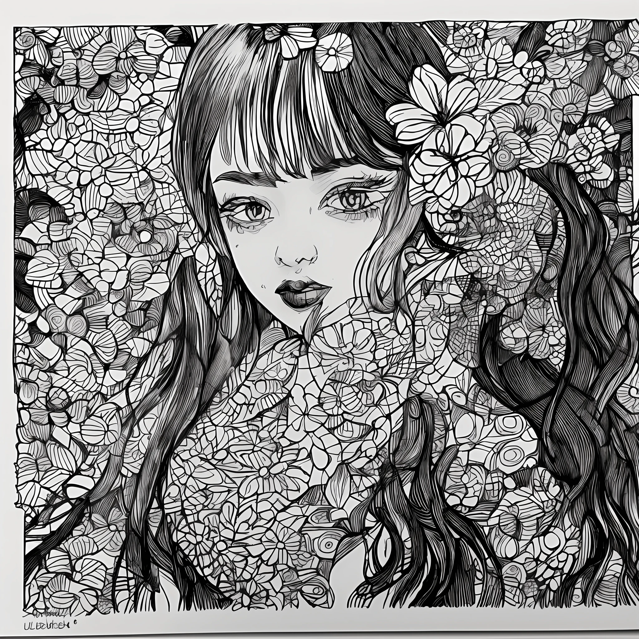 masterpiece, excellent quality, ultra detail, illustration, black and white monotone color, portrait, one girl, eye eyes, long hair, curly hair, bangs, hand bouquet, pink tulips, camera viewing side, snow white background, gradient background, suspenders, bare shoulders, modern dress --auto --v6 --s2