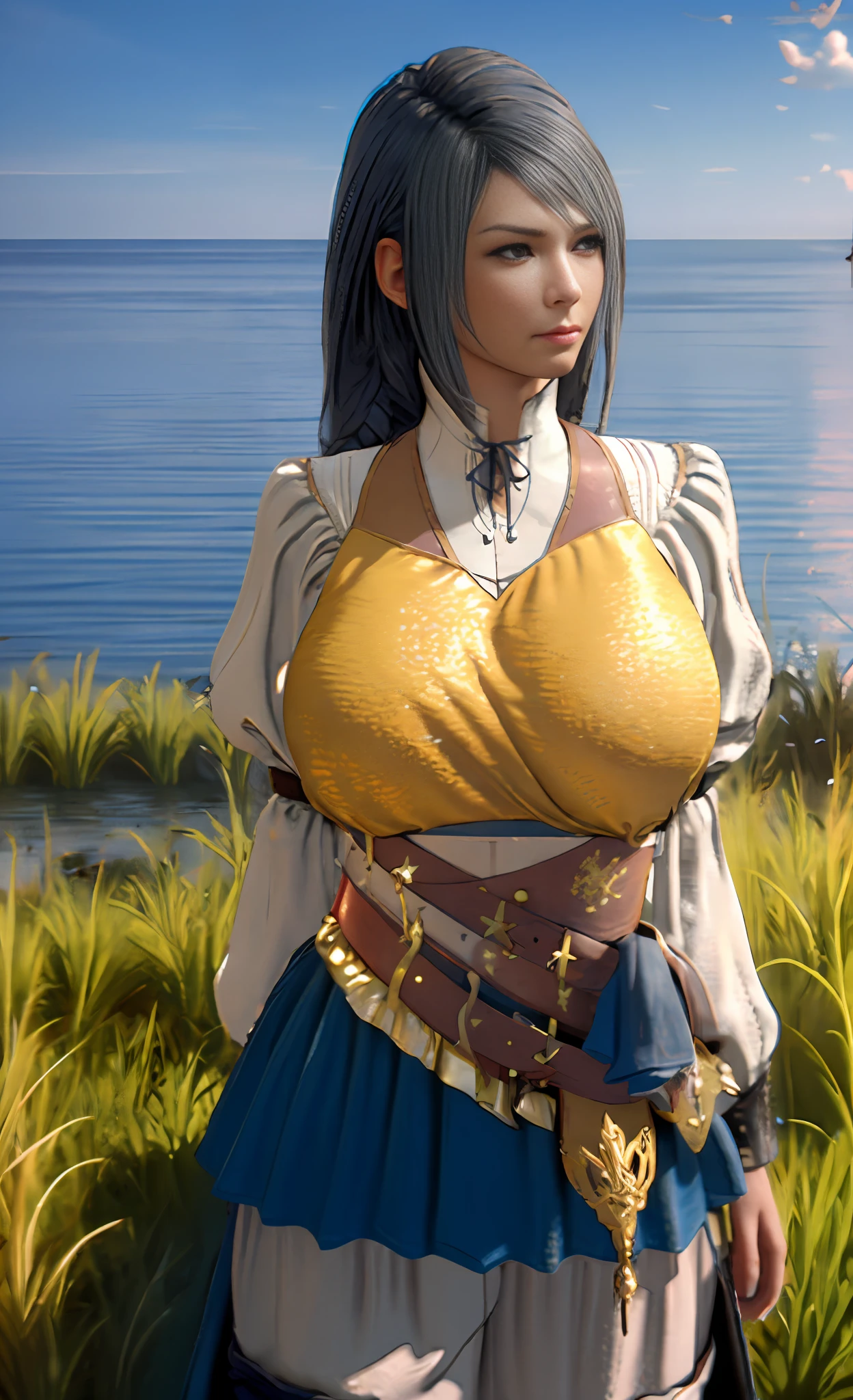 extremely beautiful hancock1, boa hancock, subtle makeup, photorealistic, high contrast, 8k HD, detailed, hyper-detailed, realistic skin texture, long hair, dark blue crop top, side slit, long sleeves, gigantic breast, best quality, ultra high res, raw photo, dramatic lighting, unreal engine, diffuse glow, dynamic pose, outdoor, realistic detailed pirate ship, treasure chest,