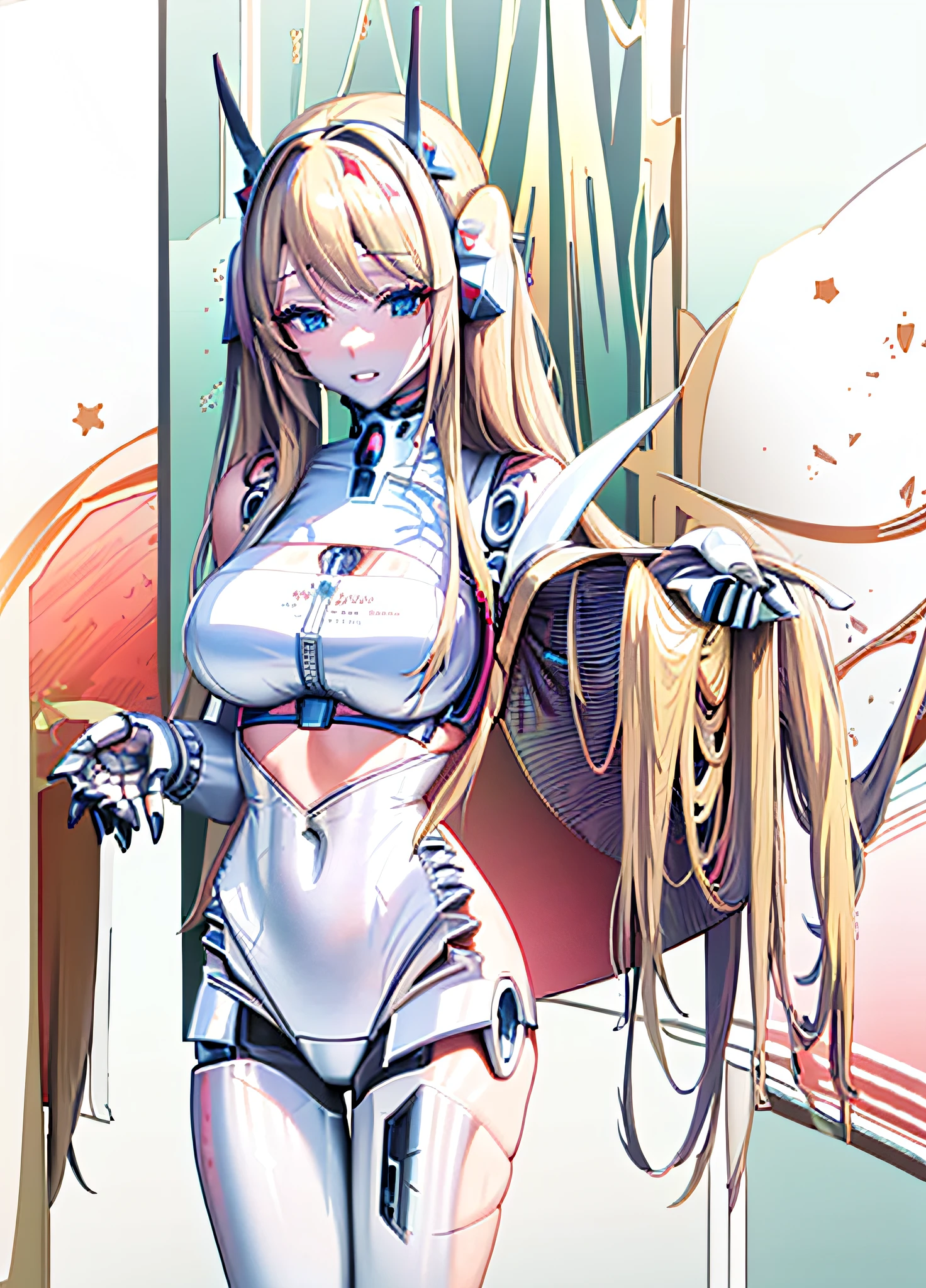 anime girl with long blonde hair and blue eyes posing, android heroine, perfect android girl, anime manga robot!! anime girl, seductive anime girl, biomechanical oppai, blonde anime girl with long hair, twintails white_gloves, white cyan, fully robotic!! girl, anime goddess, anime best girl, gynoid body, female anime character