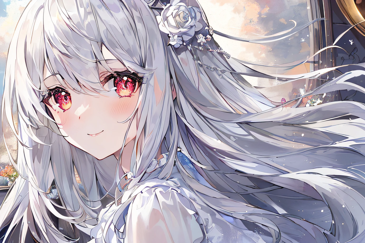 1girl, full body, denim photo, (Rembrandt), illustration, (masterpiece), (best quality), (ultra_detailed), finely detail, (Depth of field), , glove, long hair, star\ (symbol\), looking at viewer, (silver hair:1.2), red eyes, upper body, hair ornament, :p, frills, pink shirt, smile, sleeveless, shirt, idol, symbol-shaped pupils, hands up, brags smile, sleeveless, shirt, idol, symbol-shaped pupil, bangs, side up, star-shaped pupils, arms up, skirt pulling, roaring twenties, isometric, From above, the sky, the flowers, the cliffs,
