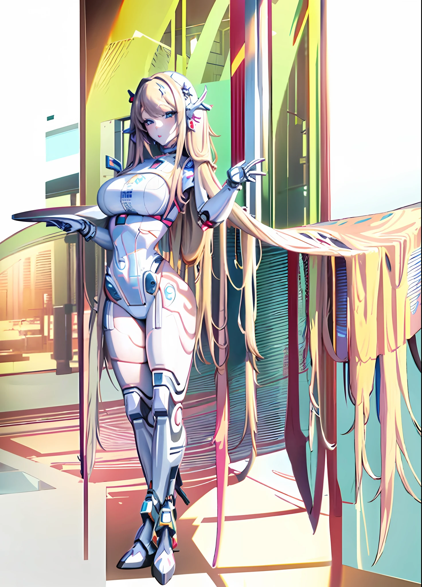 anime girl with long blonde hair and blue eyes posing, android heroine, perfect android girl, anime manga robot!! anime girl, seductive anime girl, biomechanical oppai, blonde anime girl with long hair, twintails white_gloves, white cyan, fully robotic!! girl, anime goddess, anime best girl, gynoid body, female anime character