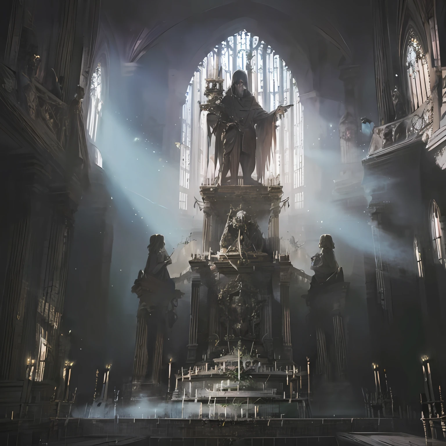 Create funeral scene, various flowers, melancholy, gothic, skulls, spooky statues, gothic church, mist, rainy, detail-oriented and stunning, pixiv style, detail-oriented, artwork --auto