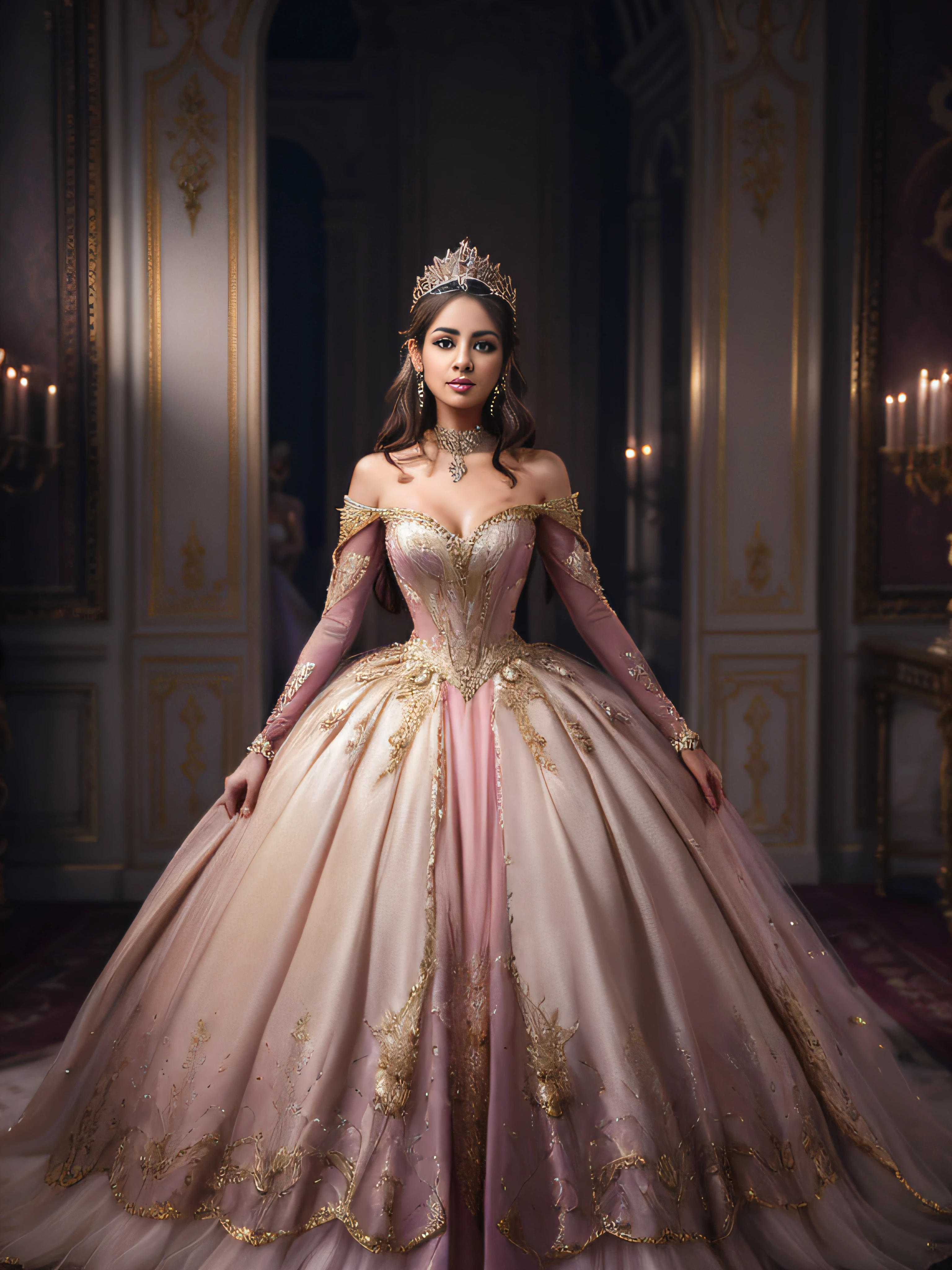 beautiful hispanic woman in a pink and gold haute couture dress with no sleeves and tulle skirt with ruffles standing in a room , ((a beautiful fantasy empress)), beautiful female princess, royal elegant pose, royal dress, ornate royal gown, beautiful princess, beautiful and elegant elf queen, royal gown, princess portrait, wearing a pink ballroom gown, fantasy dress